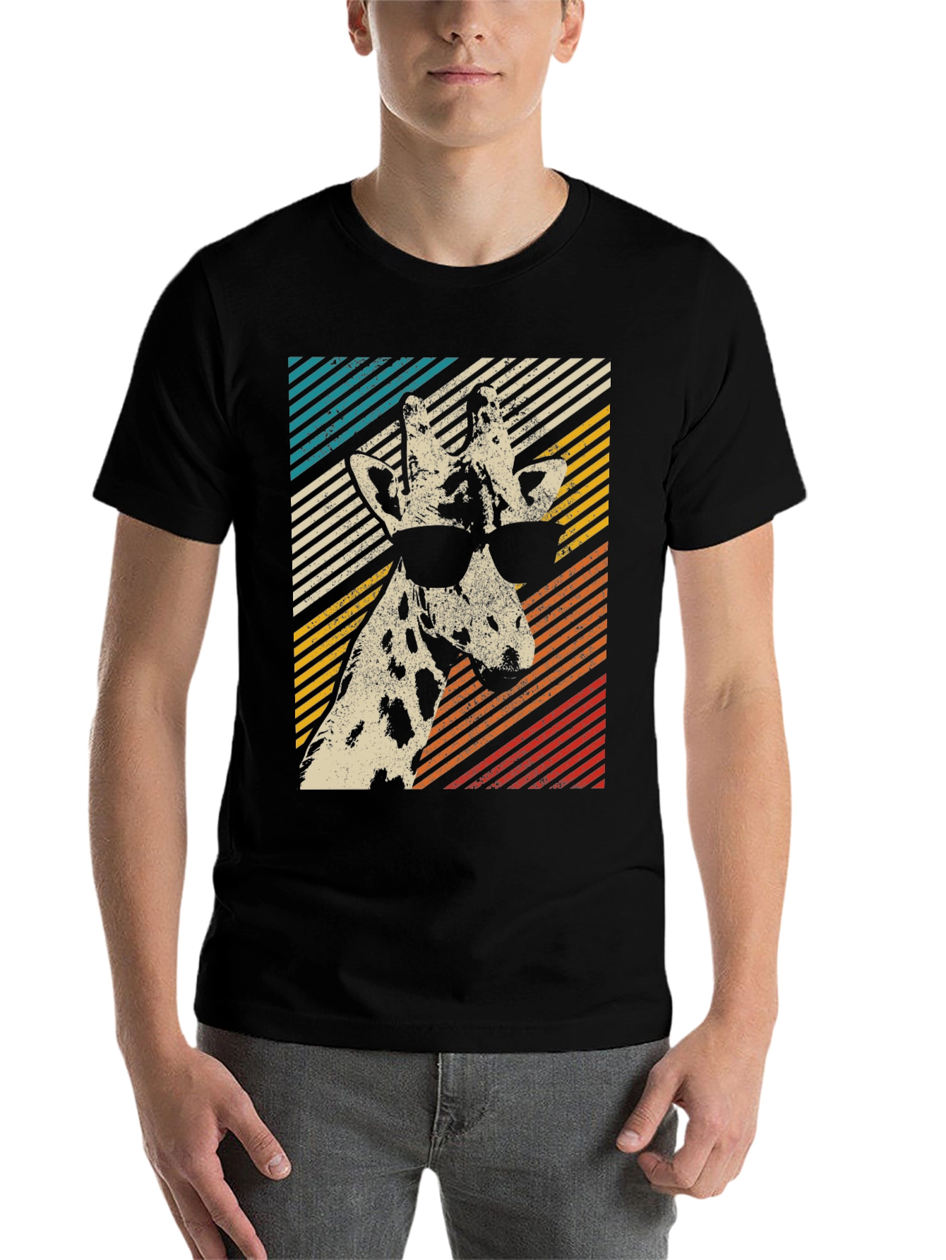 Black Cool Giraffe Retro Style Graphic T-Shirt view 7