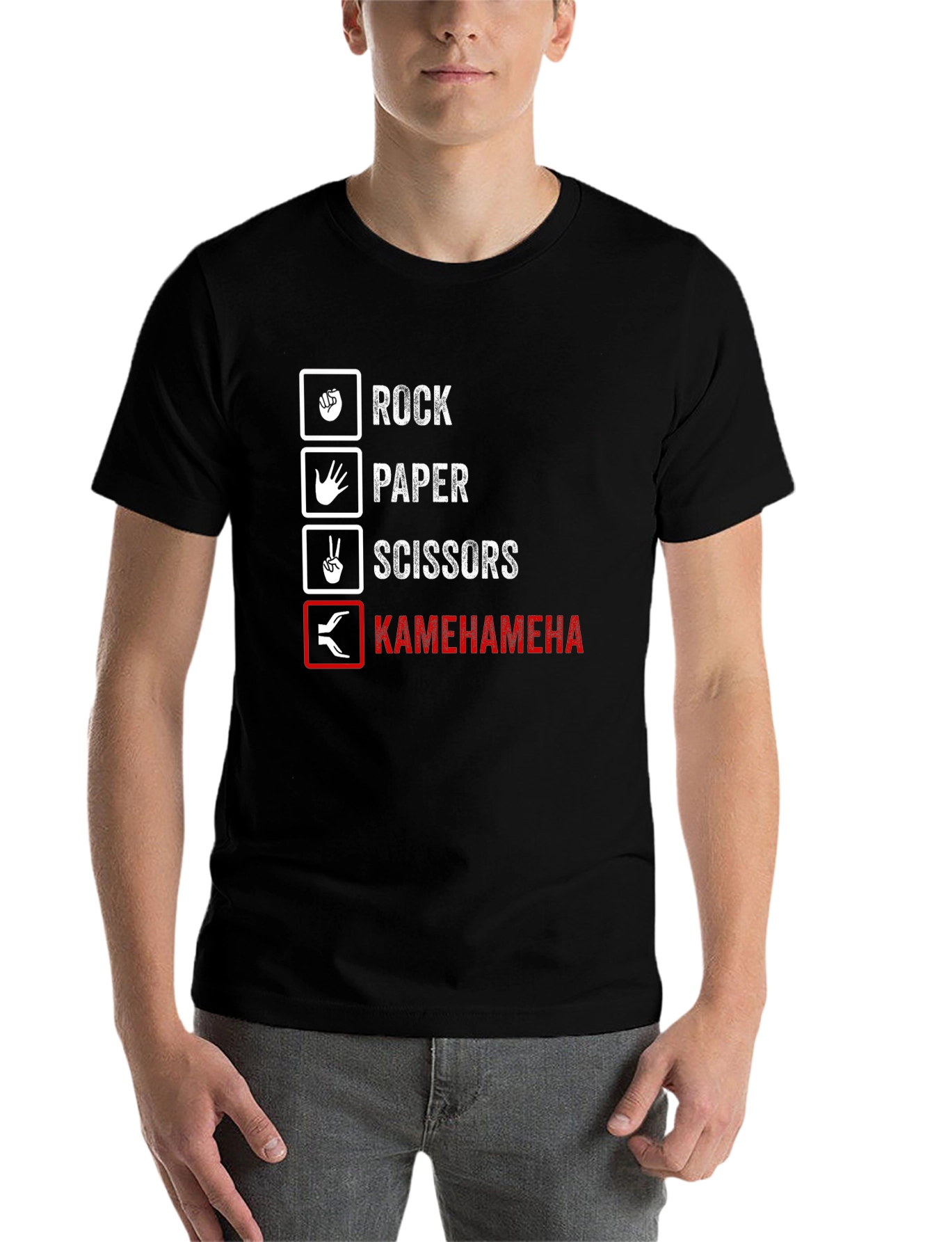 Black Rock Paper Scissors Kamehameha Funny T-Shirt view 7