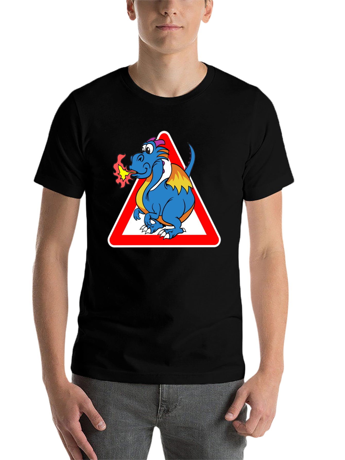 Black Funny Dragon Warning T-Shirt - Black Cotton Tee view 7