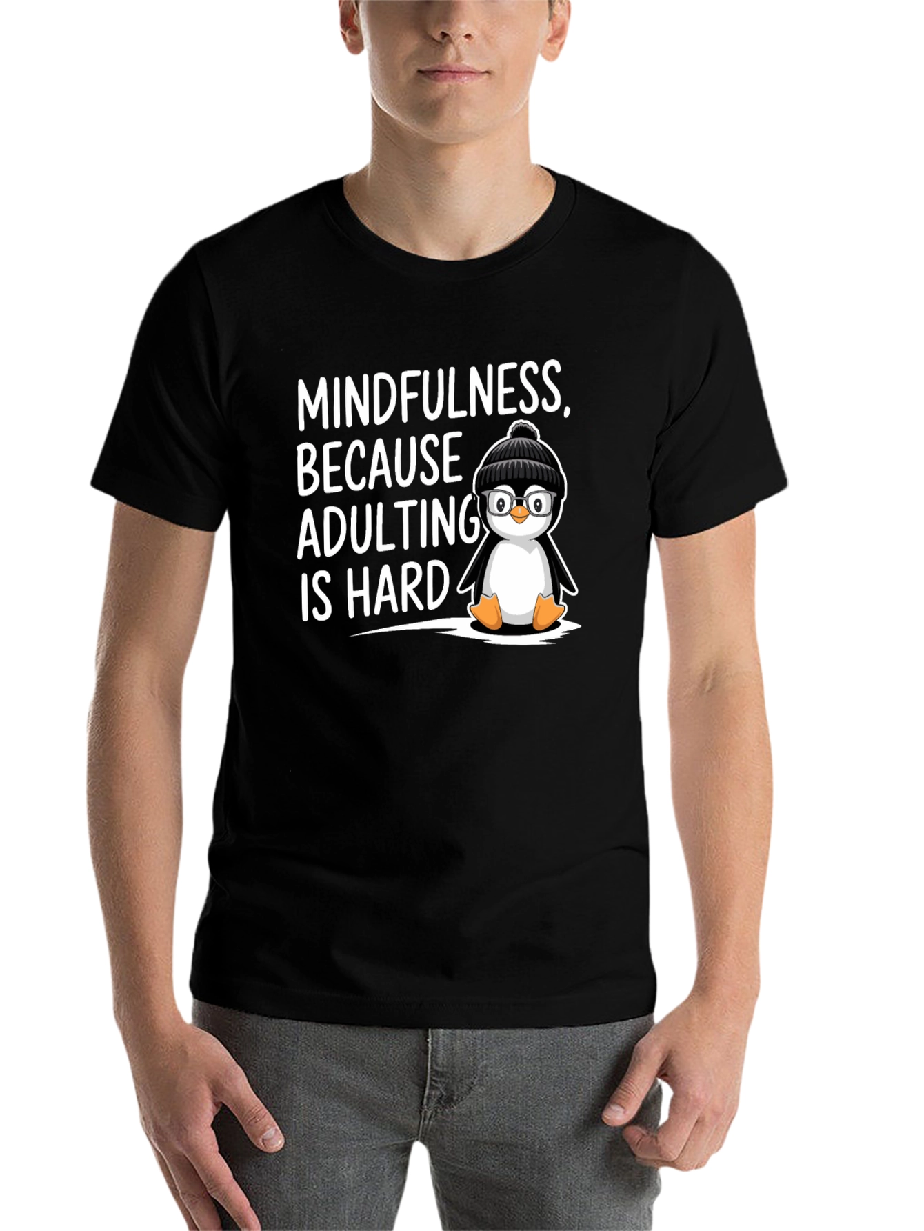Black Mindfulness Penguin T-Shirt Adulting is Hard Humor Tee view 7