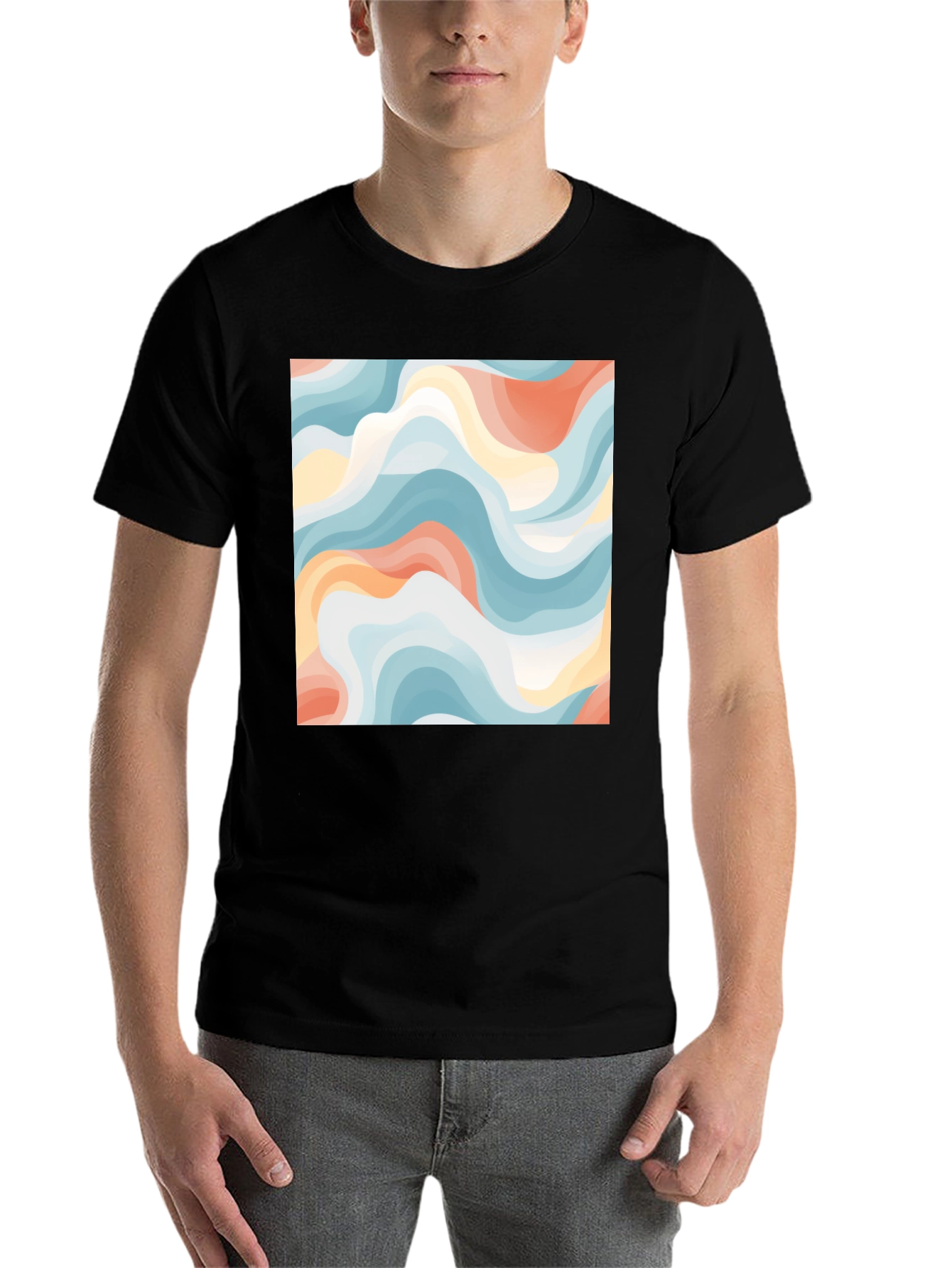 Black Abstract Wave Print Tee - Modern Art Shirt view 7