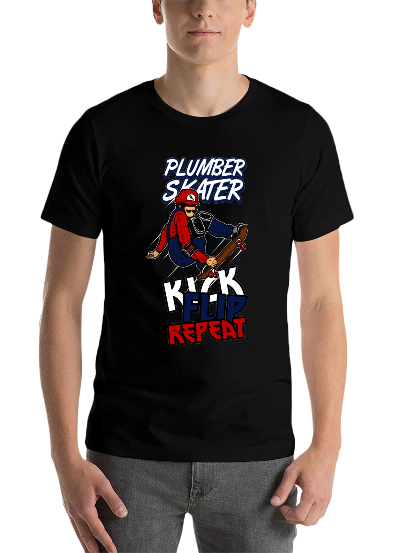 Black Plumber Skater T-Shirt - Kickflip Repeat Graphic Tee view 7