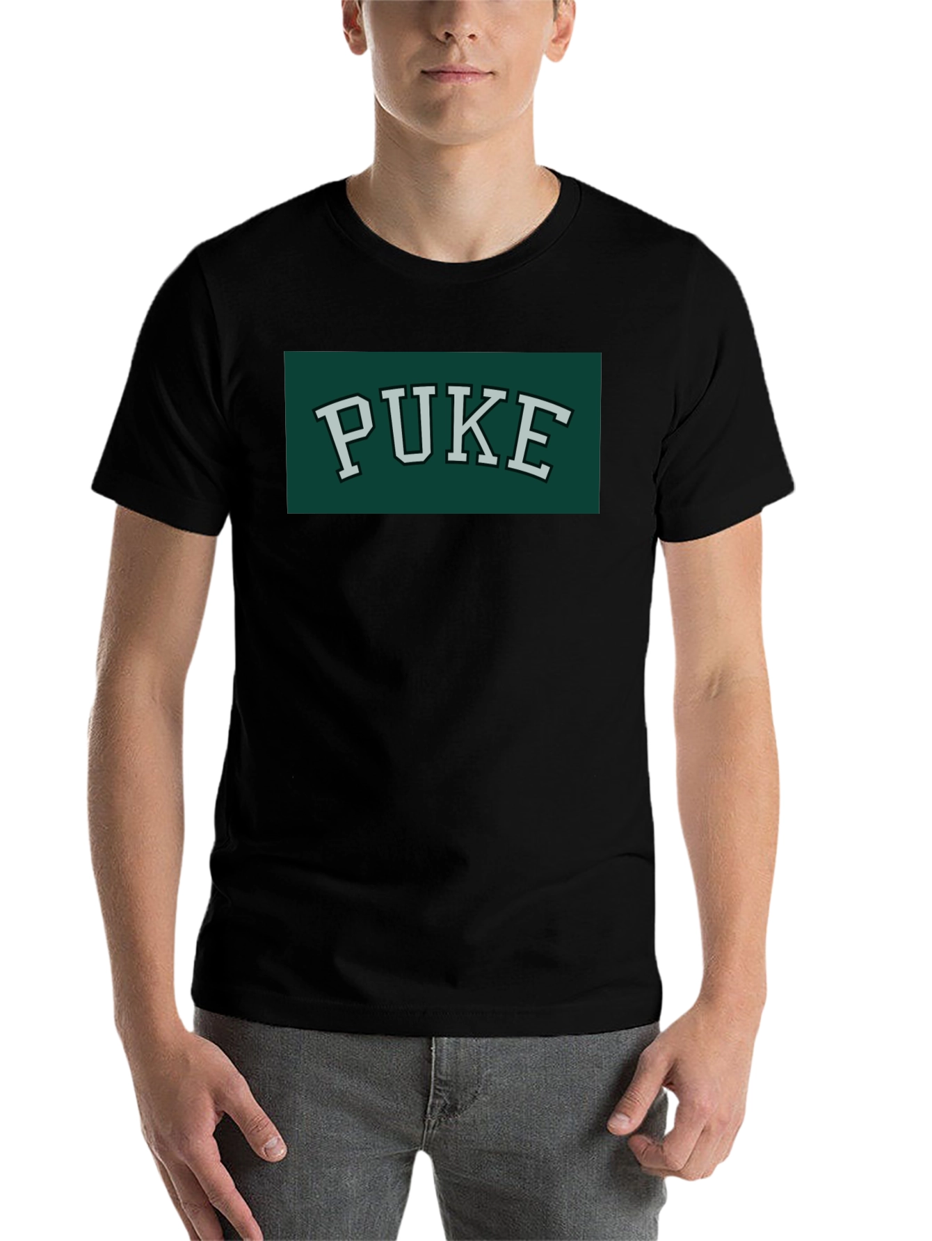 Black PUKE Text Tee - Retro College Style Graphic T-Shirt view 7