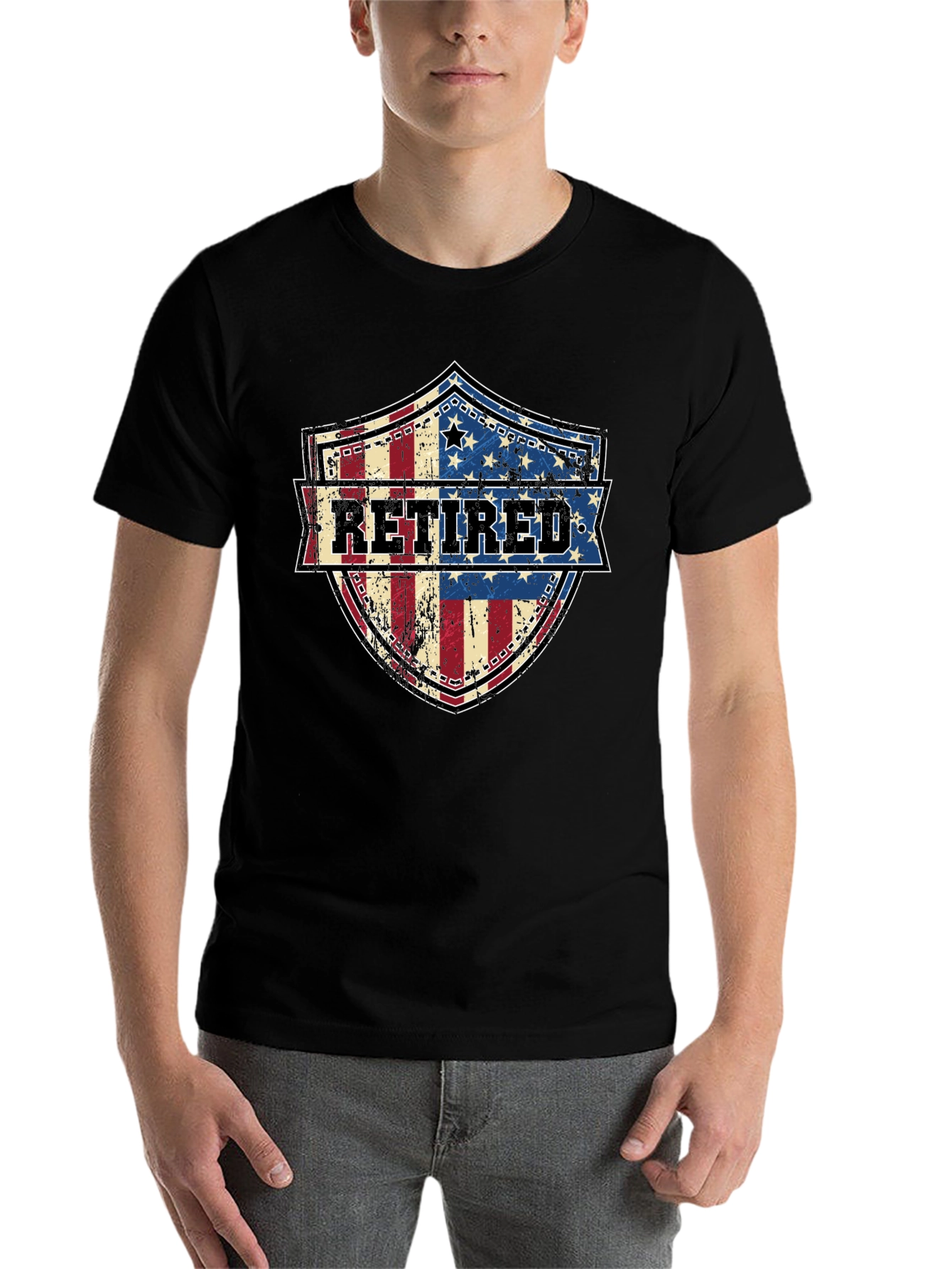Black Retired American Flag Shield T-Shirt view 7