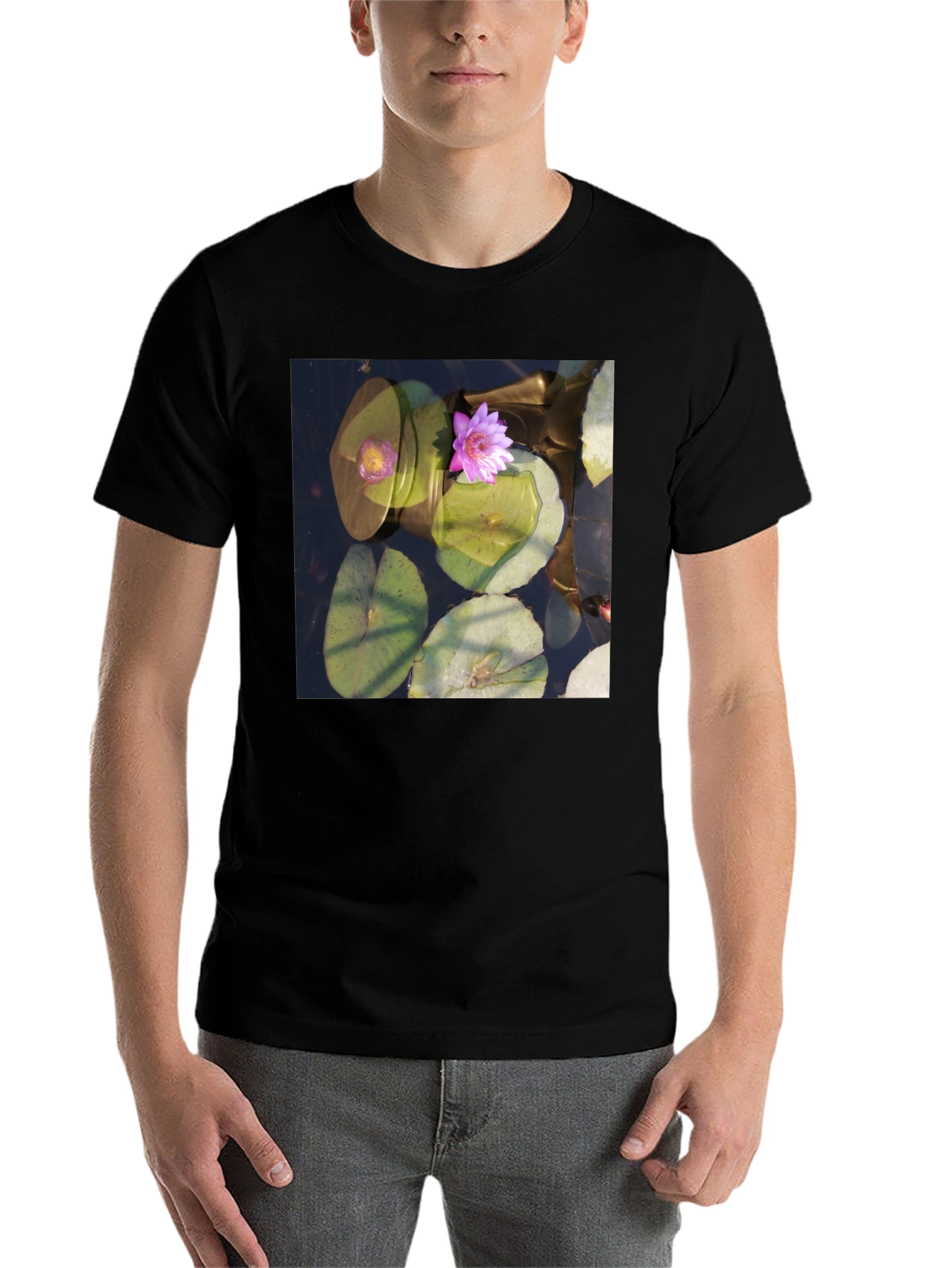 Black Lotus Pond Graphic Tee - Nature Inspired Design view 7