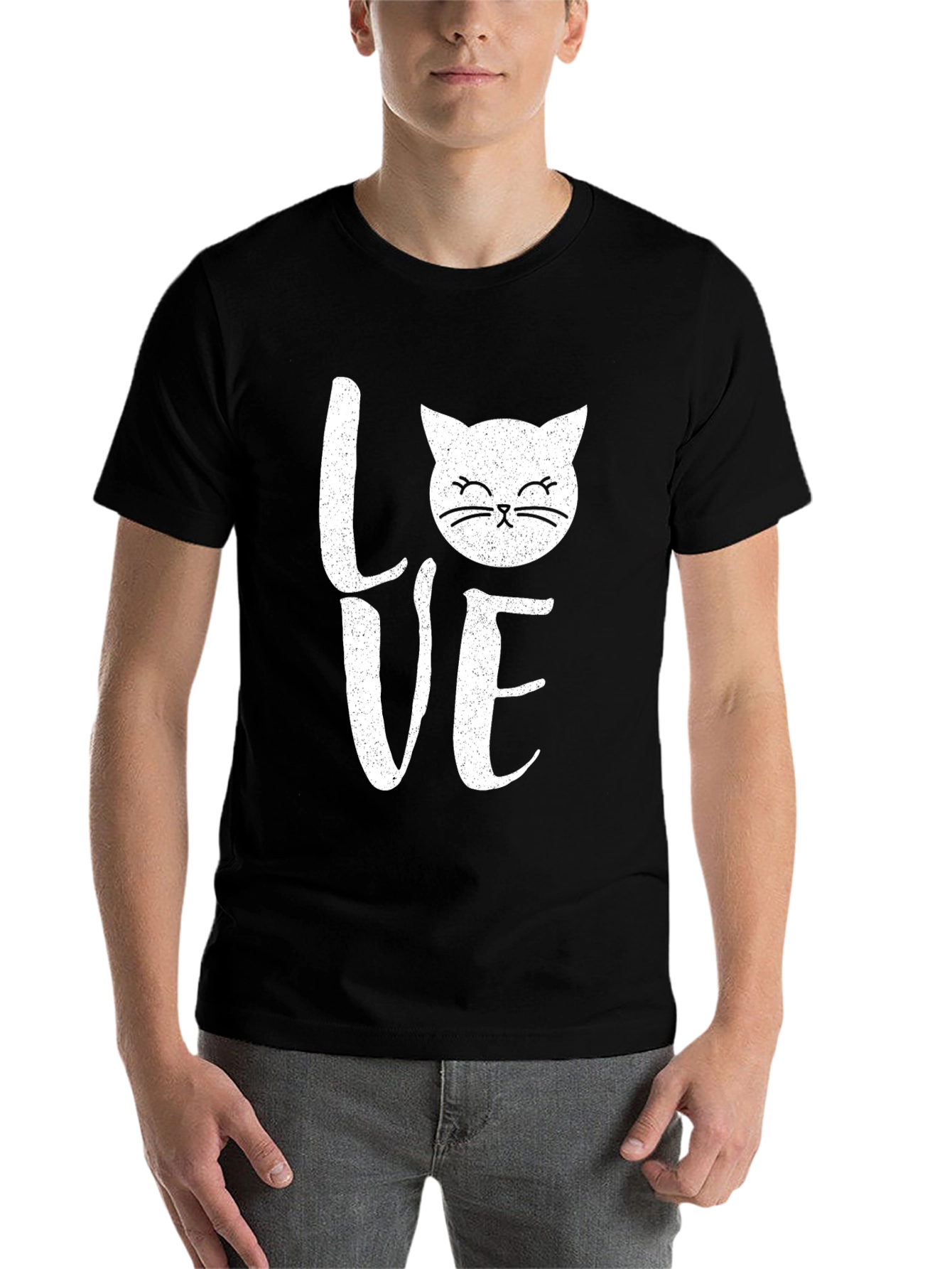 Black Love Cat Graphic Print Men's Black T-Shirt view 7