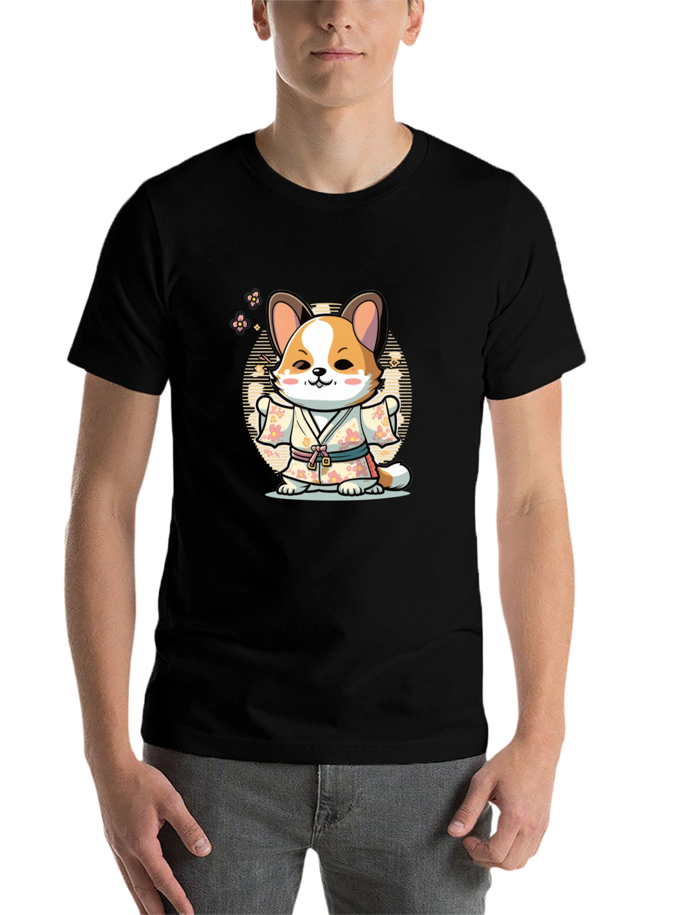 Black Cute Corgi in Kimono T-Shirt view 7
