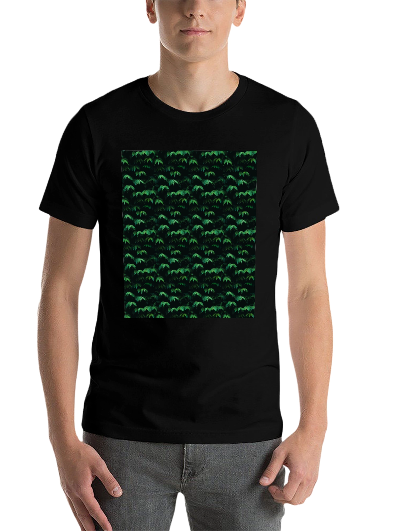 Black Stylish Black Tee with Green Leaf Pattern view 7
