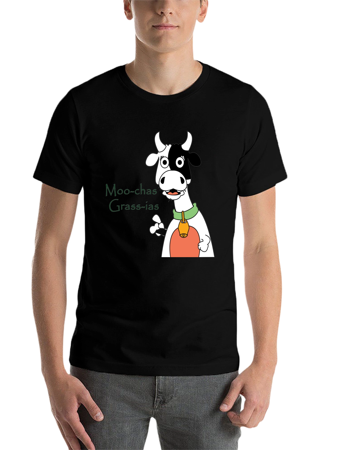 Black Moo-chas Grass-ias Cow Graphic Black T-Shirt view 7