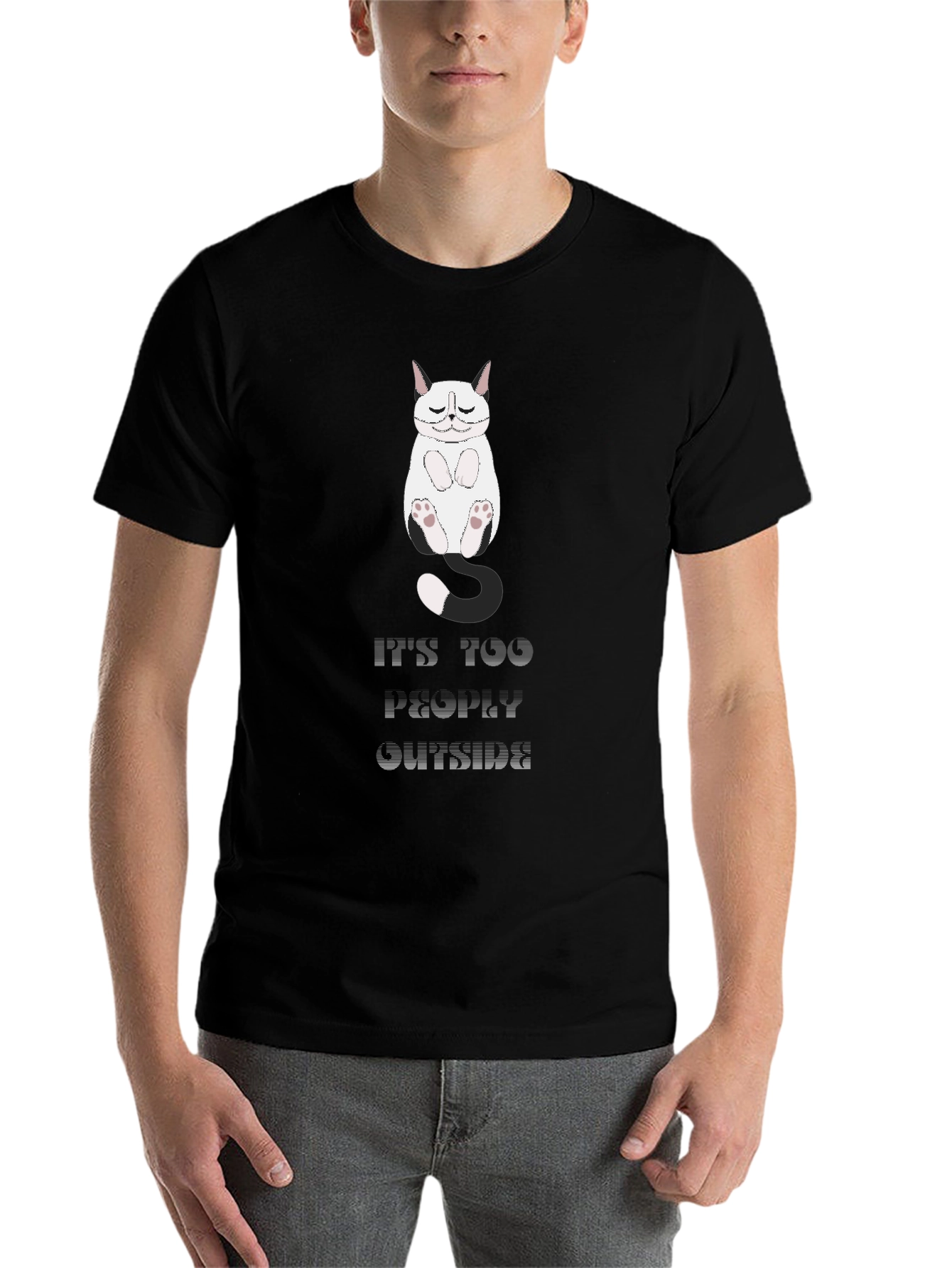 Black Funny Cat Graphic T-Shirt - "It's Too Peopley Outside" view 7