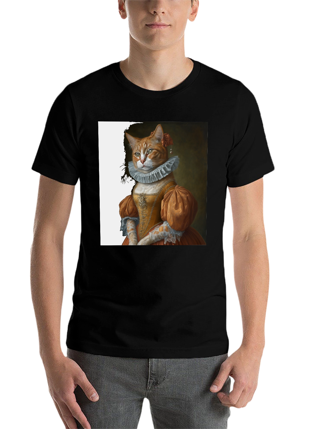Black Renaissance Cat Portrait T-Shirt view 7