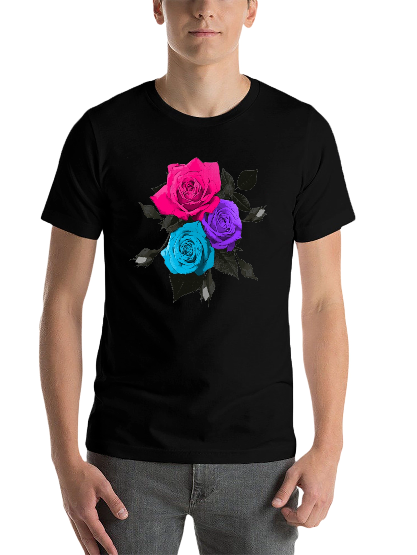 Black Floral Roses T-Shirt - Unique Colorful Design view 7