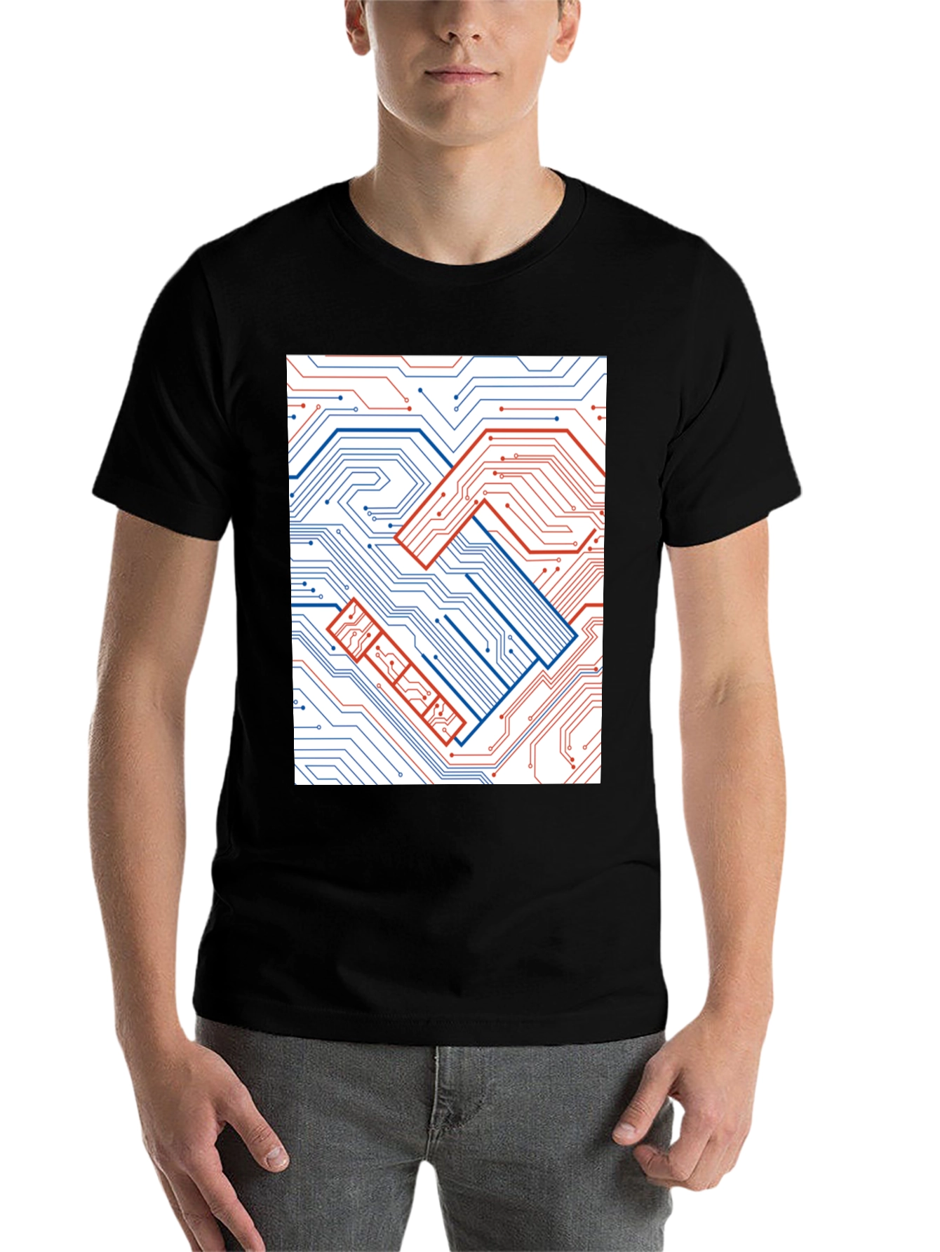 Black Tech Handshake Graphic T-Shirt - Modern Circuit Board Design view 7