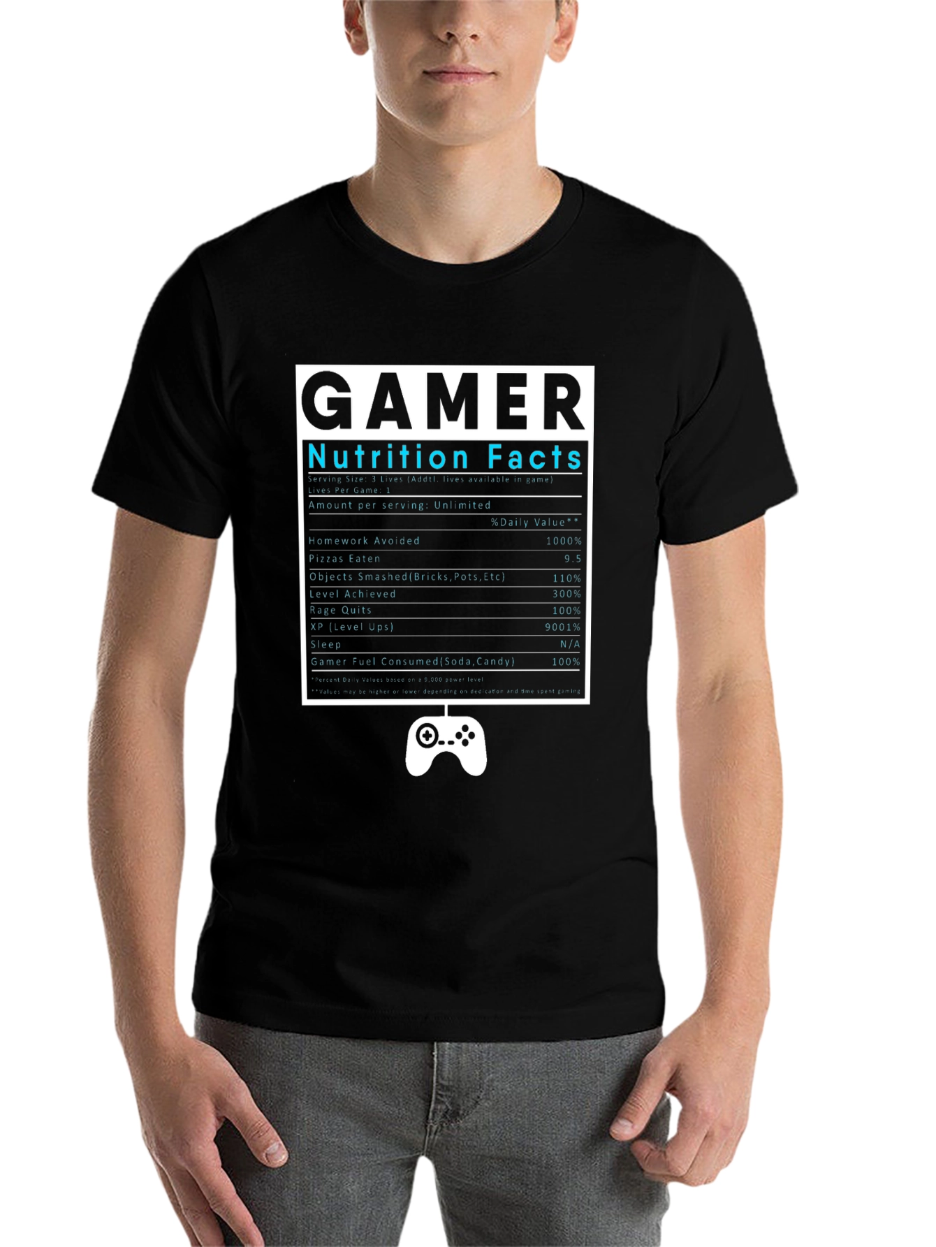 Black Gamer Nutrition Facts Black T-Shirt view 7