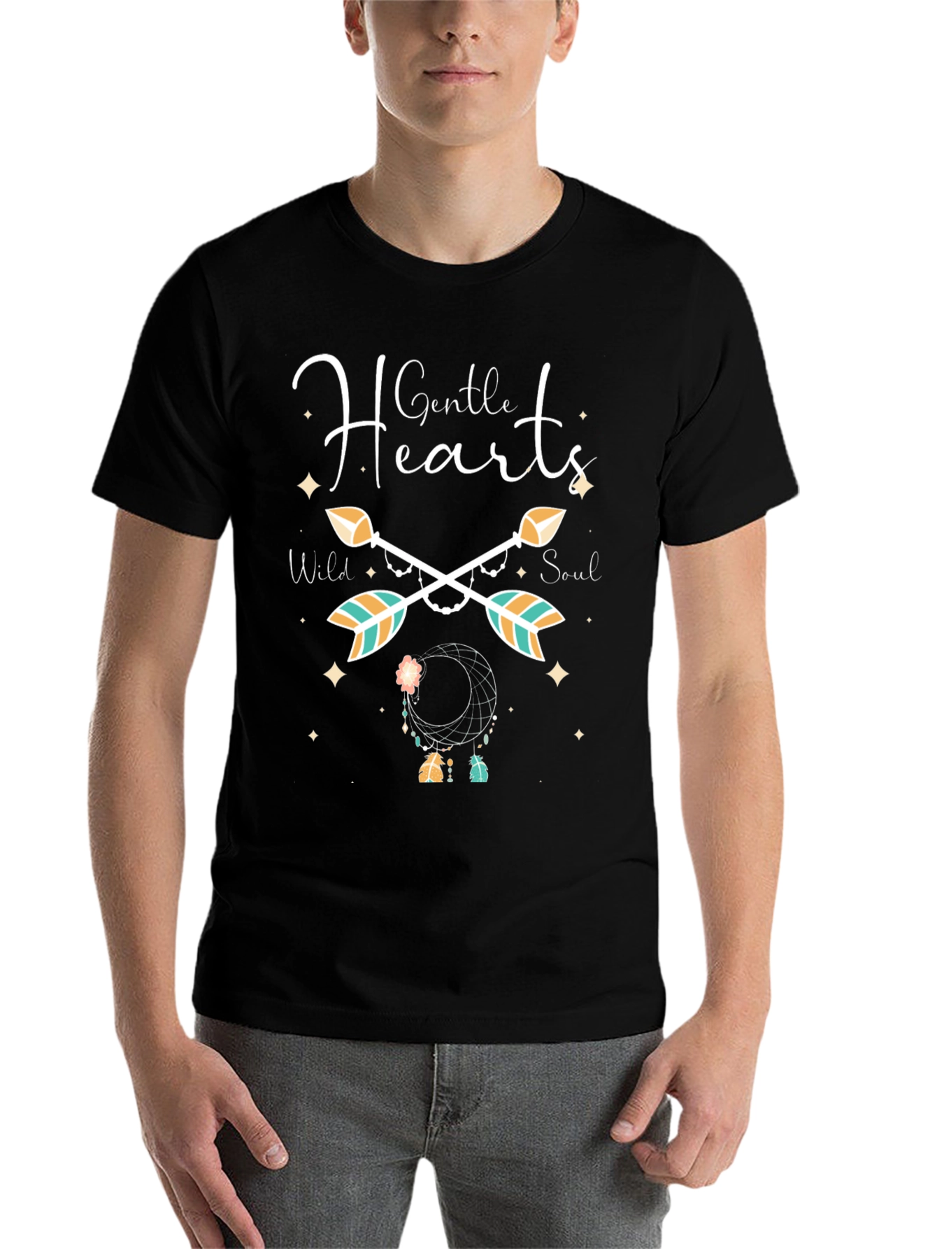 Black Gentle Hearts Arrow Dreamcatcher Black T-Shirt view 7