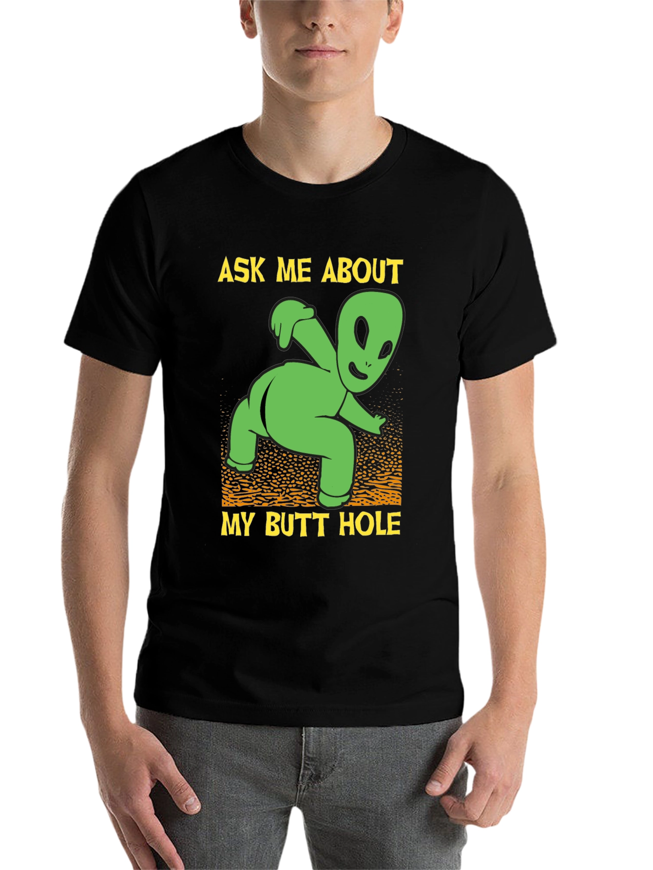 Black Ask Me About My Butt Hole Alien Graphic T-Shirt view 7