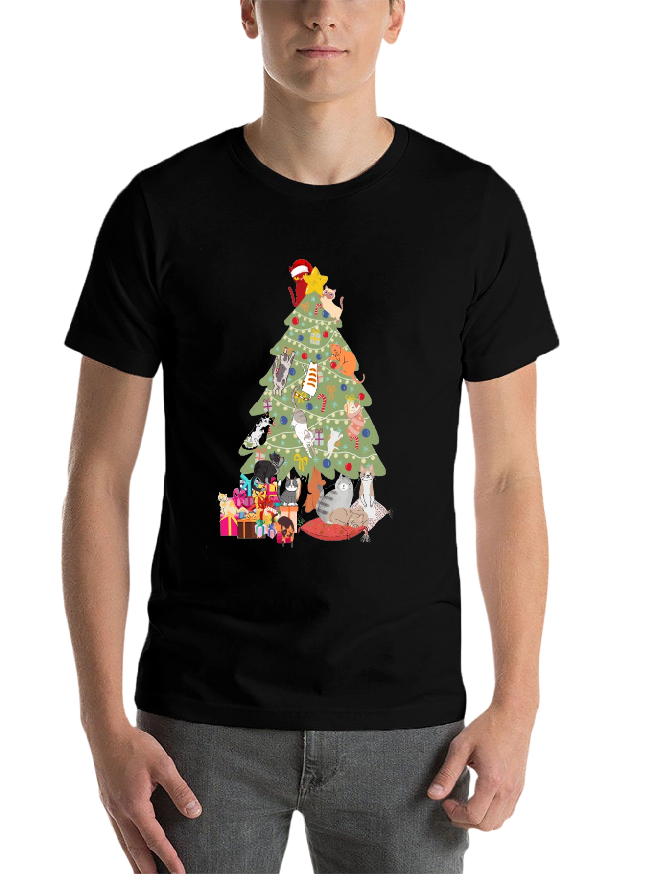 Black Cat Christmas Tree T-Shirt Holiday Tee view 7