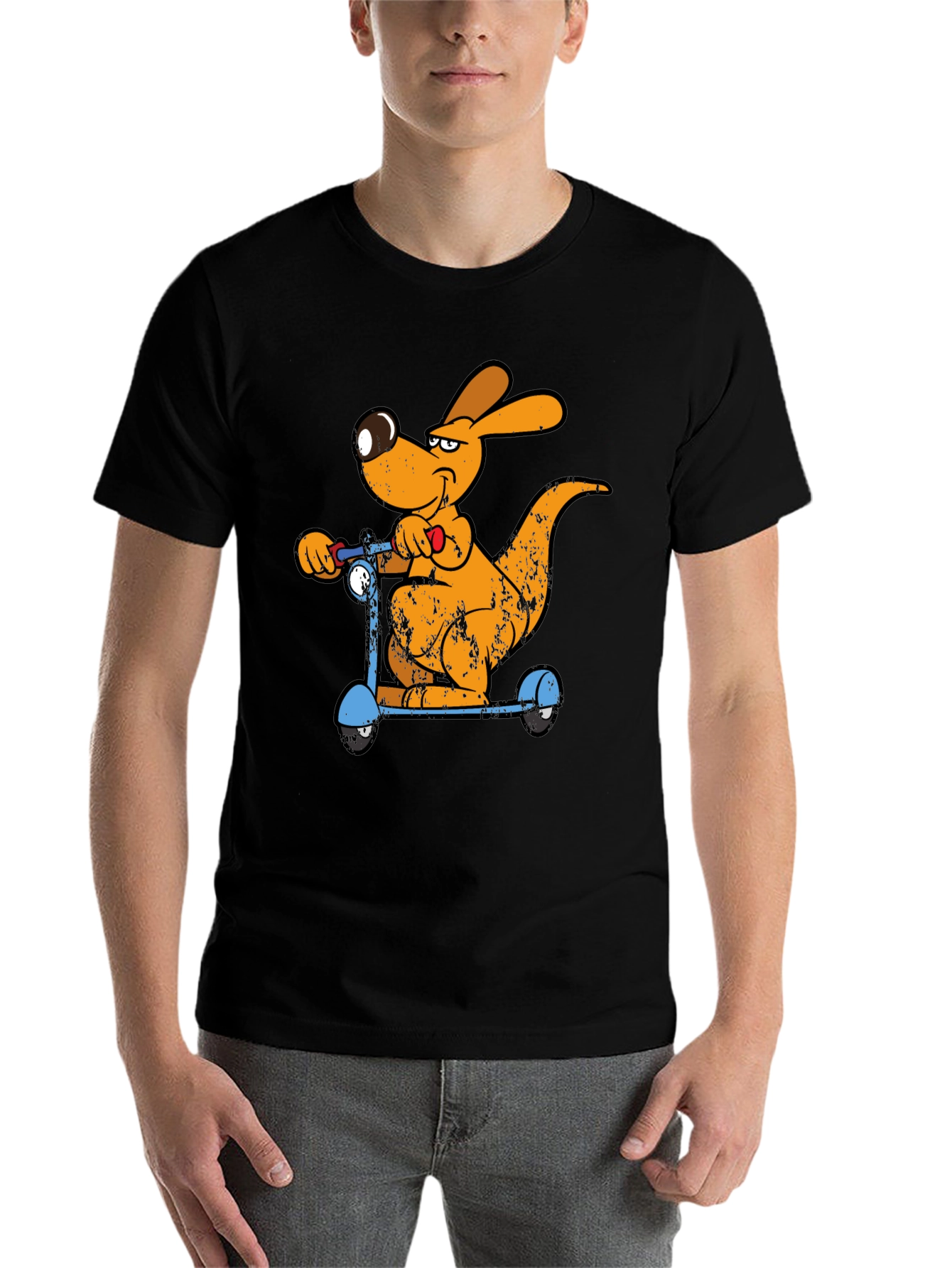 Black Cartoon Kangaroo Scooter Graphic Tee - Cool Black T-Shirt view 7