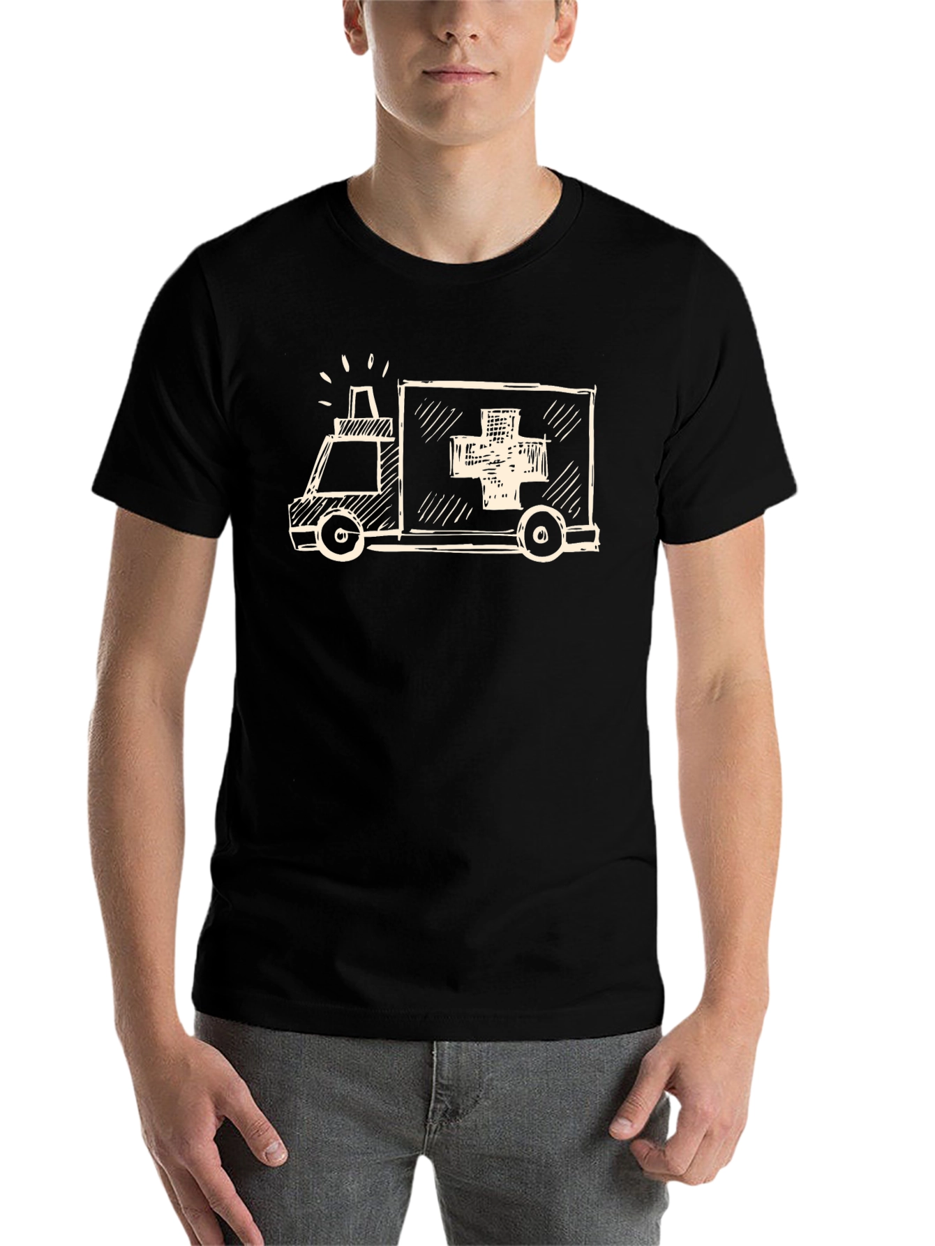 Black Sketch Ambulance Graphic Tee - Black Cotton Casual T-Shirt view 7