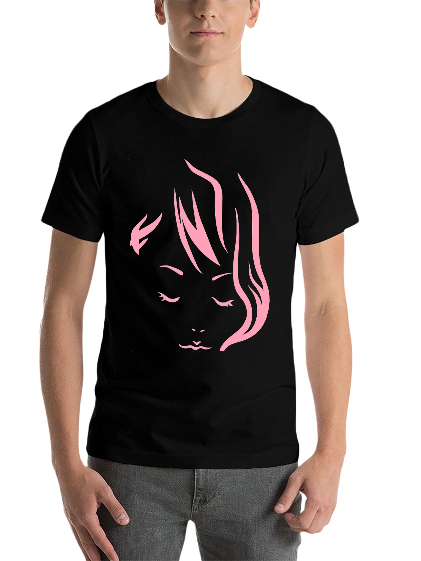 Black Minimalist Pink Woman Face Graphic Tee view 7