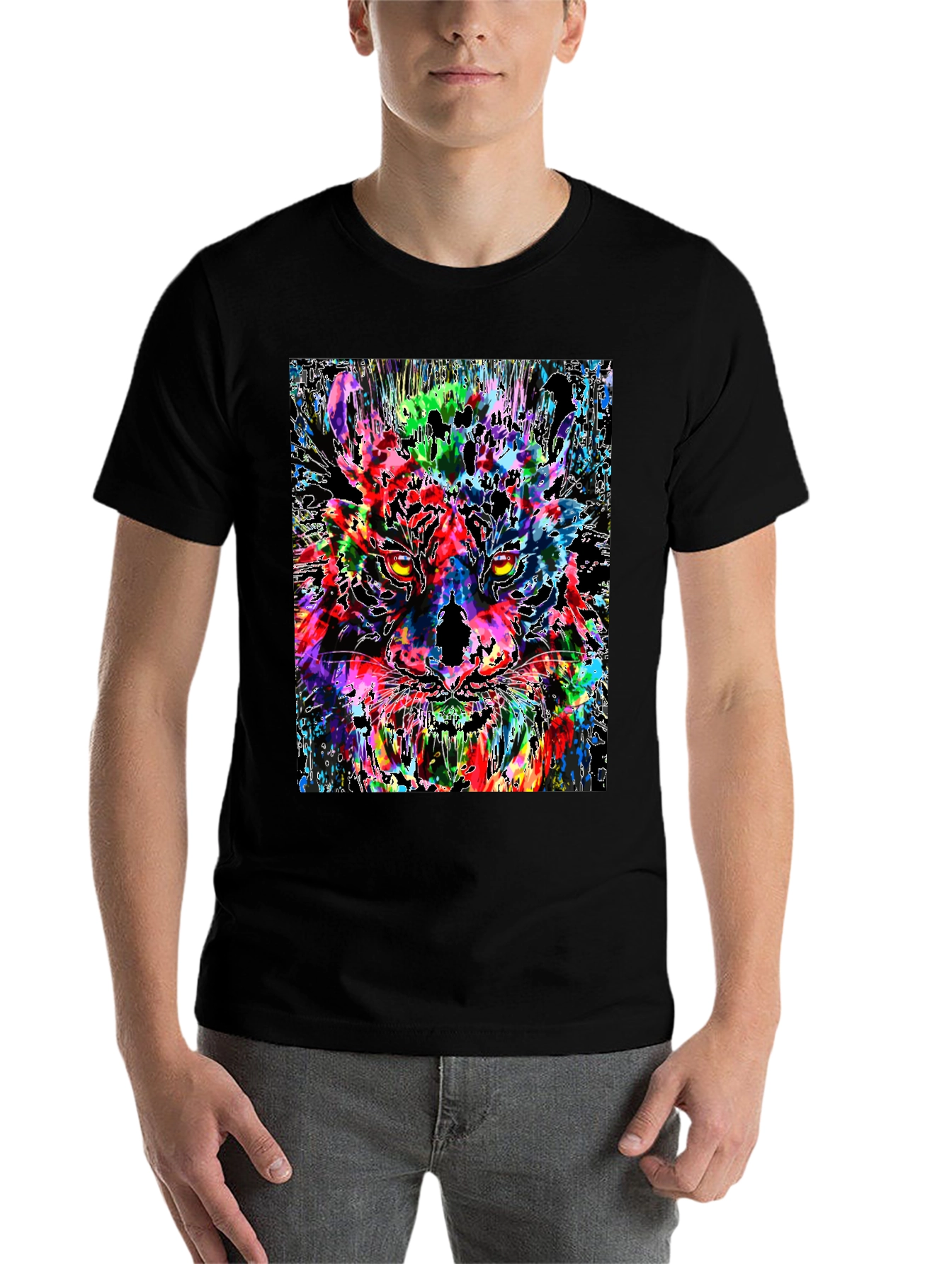 Black Colorful Tiger Graphic Print Men's Black T-Shirt view 7