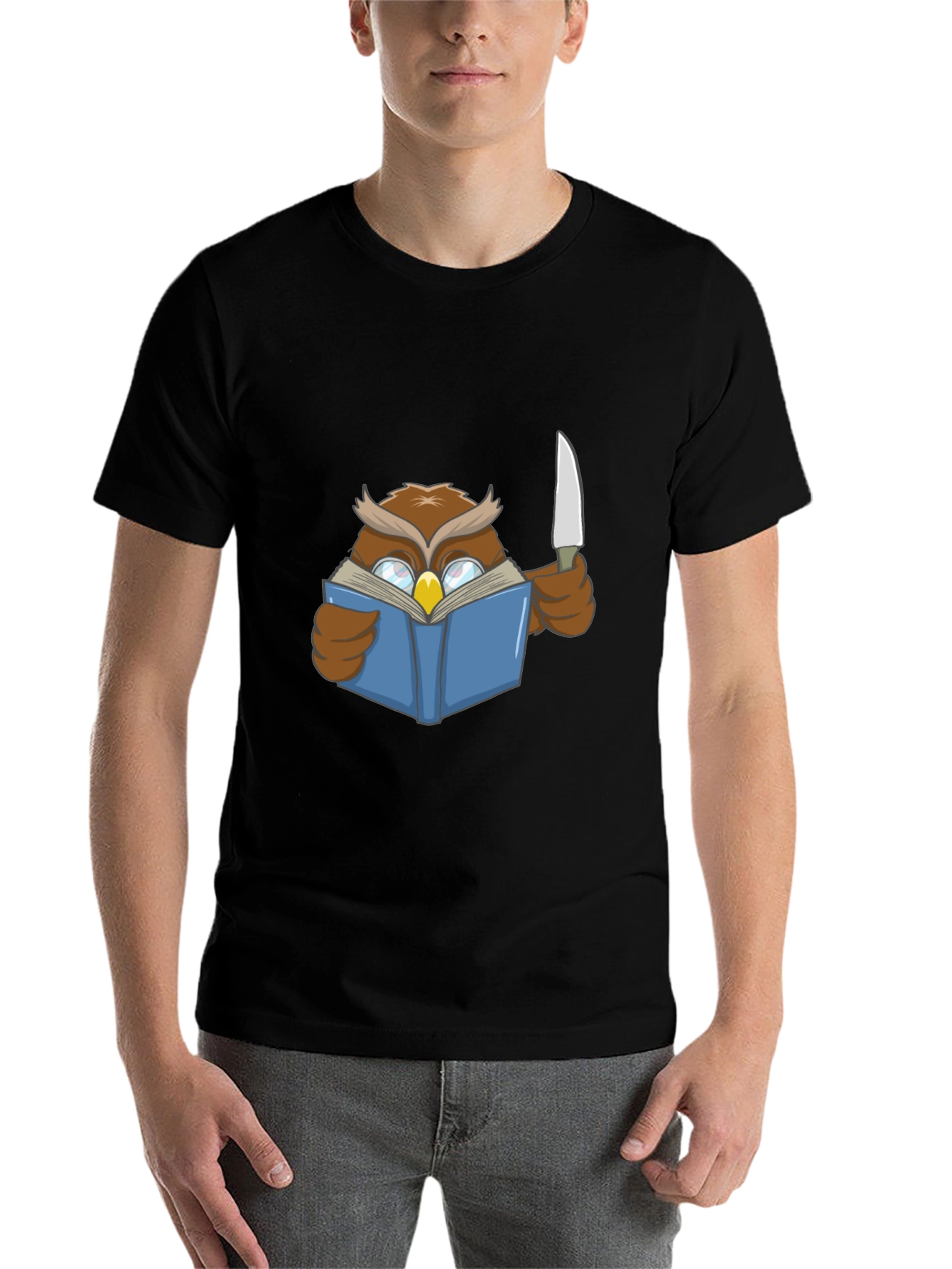 Black Owl Reading Book With Knife T-Shirt view 7