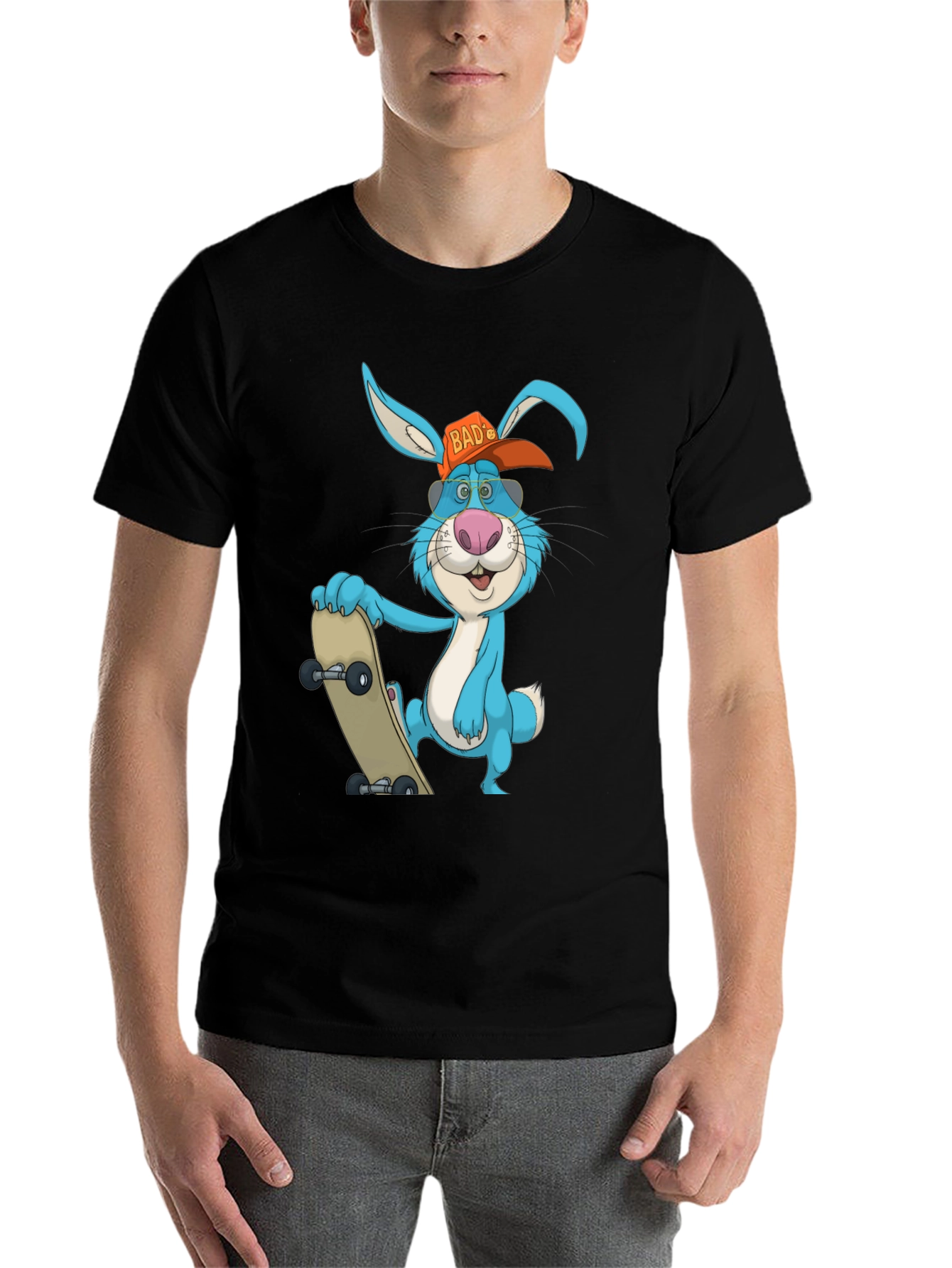 Black Cool Rabbit Skateboarder Graphic T-Shirt view 7