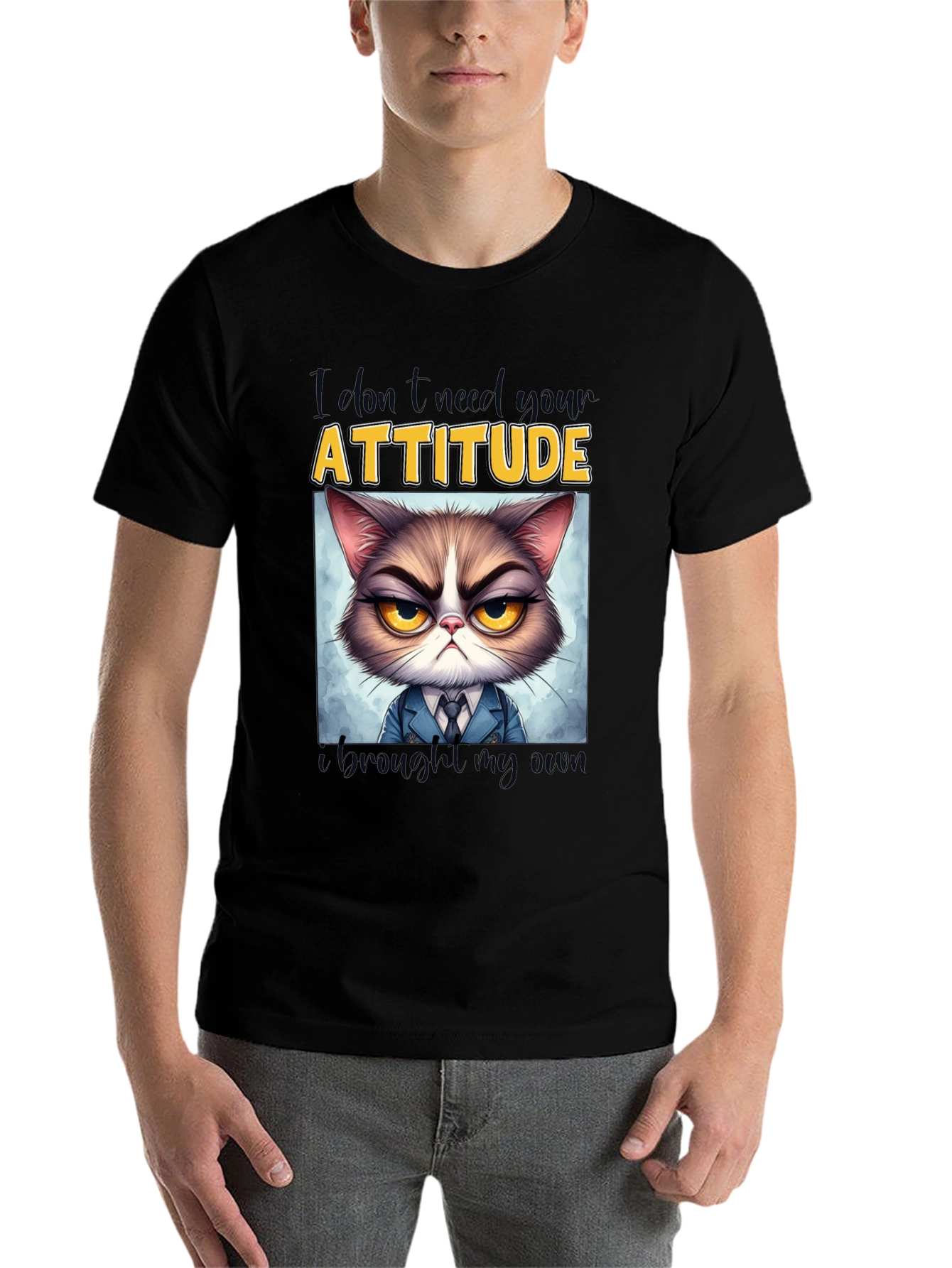 Black Grumpy Cat Attitude T-Shirt - Funny Graphic Tee view 7