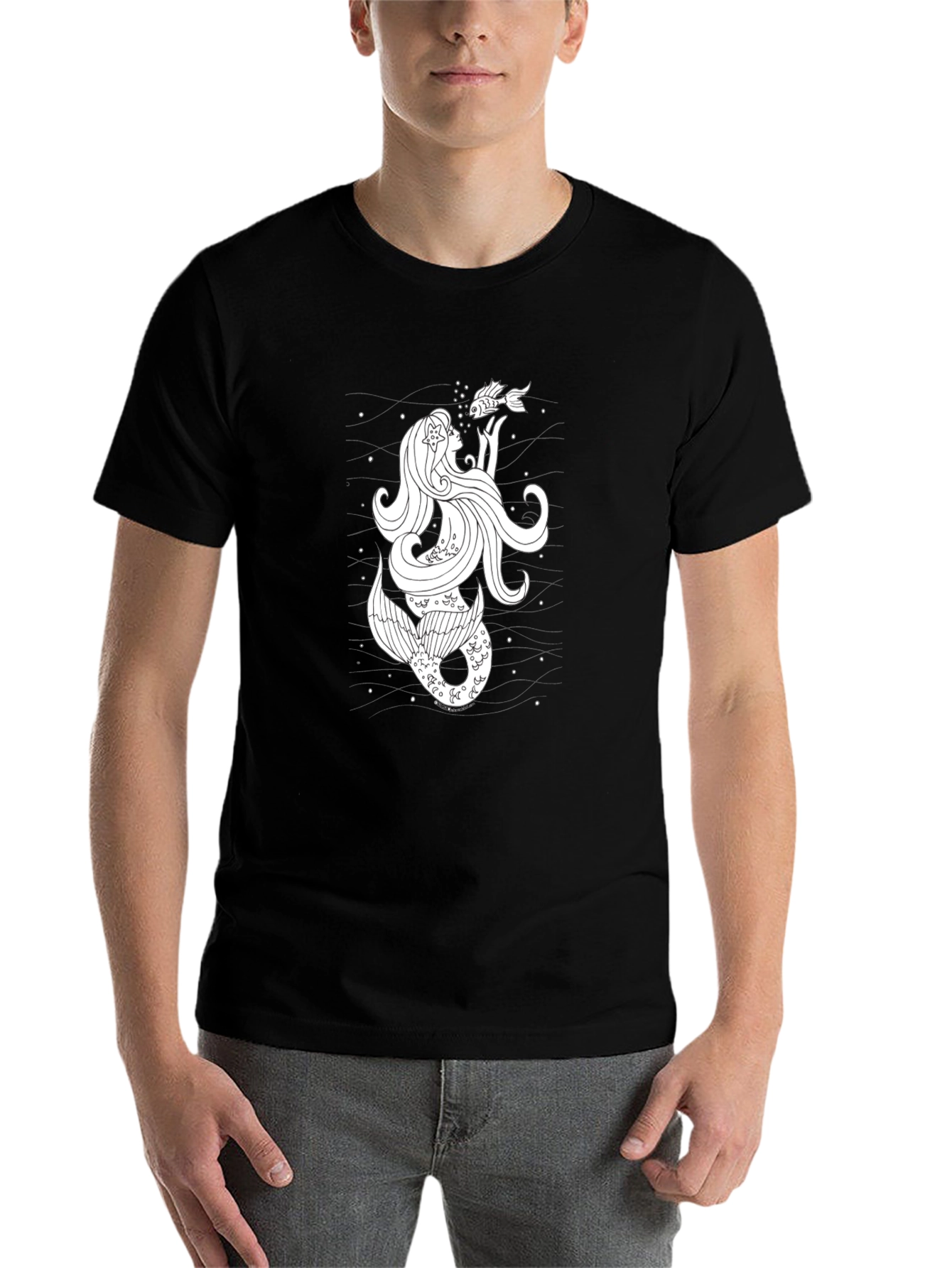 Black Mermaid & Fish Graphic Tee - Black Cotton T-Shirt view 7