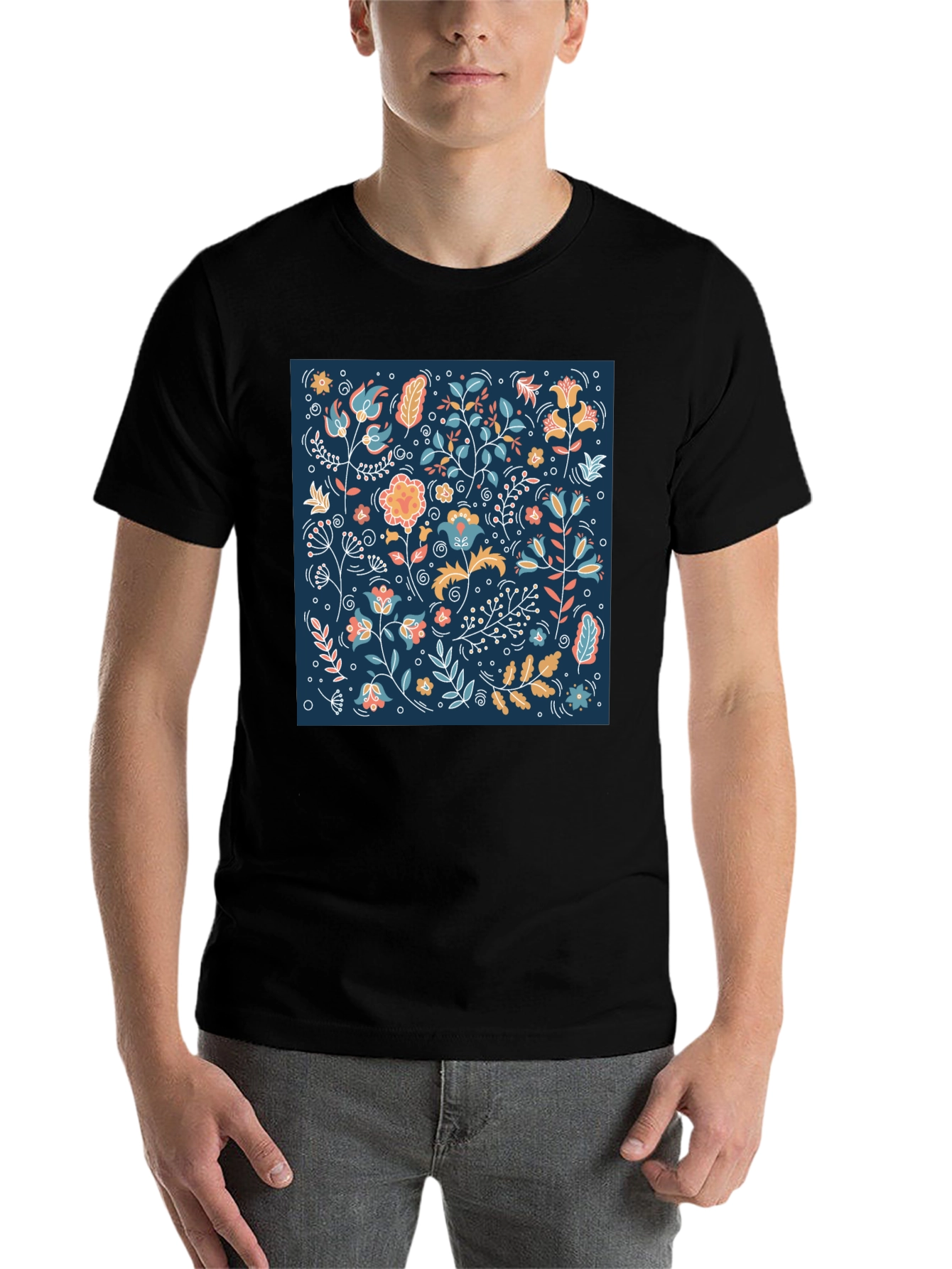 Black Floral Pattern Black T-Shirt view 7