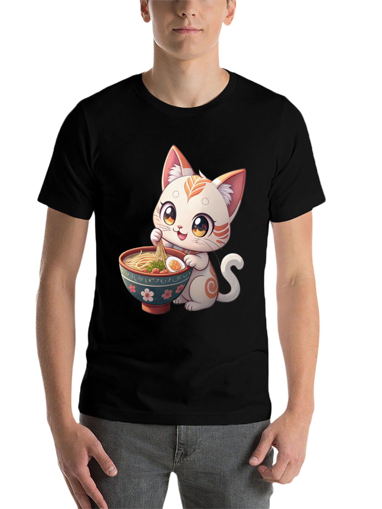Black Cute Cat Ramen T-Shirt - Kawaii Kitten Eating Noodles Tee view 7