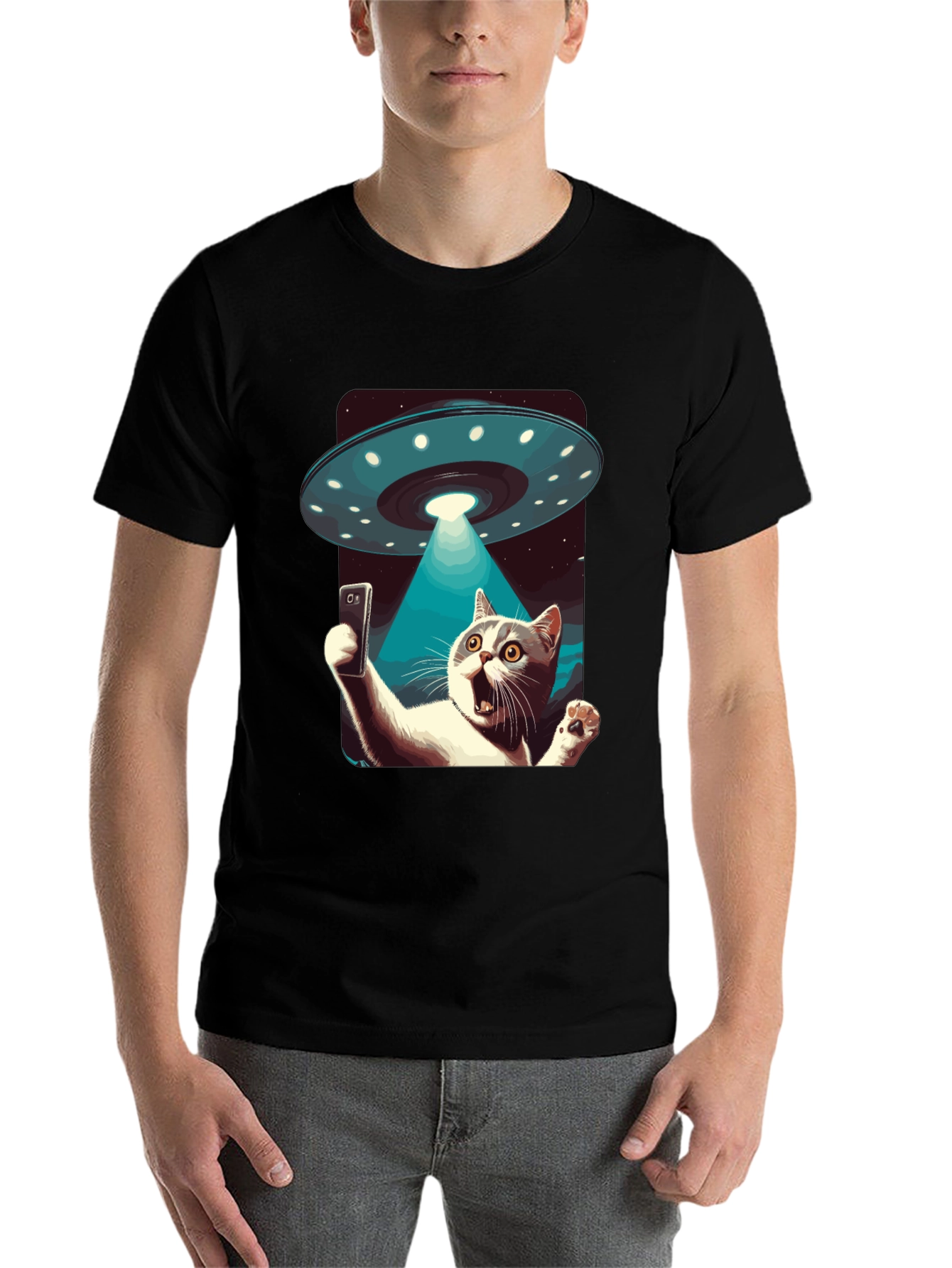 Black Alien Abduction Cat Selfie T-Shirt view 7