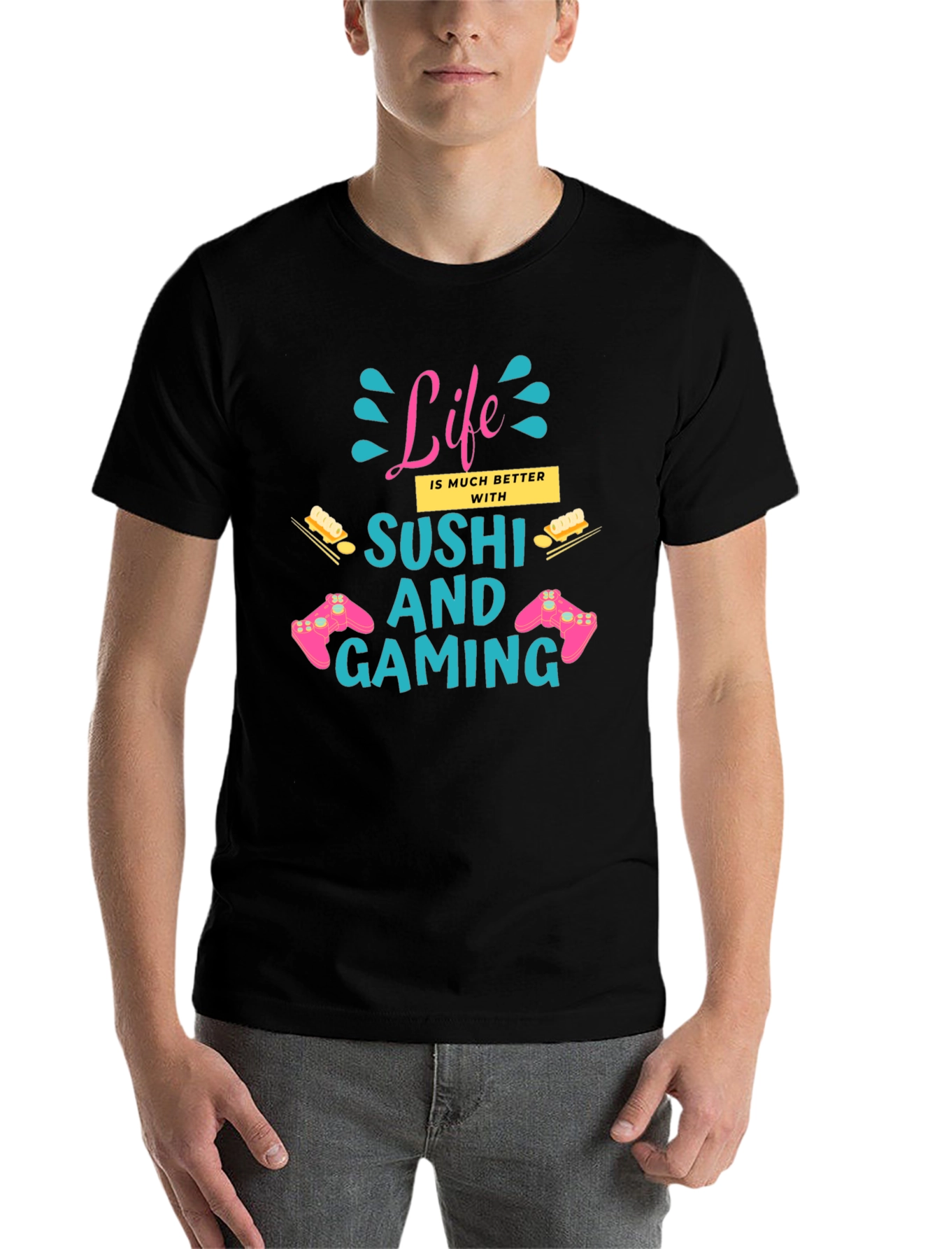 Black Life Better with Sushi and Gaming Black T-Shirt view 7