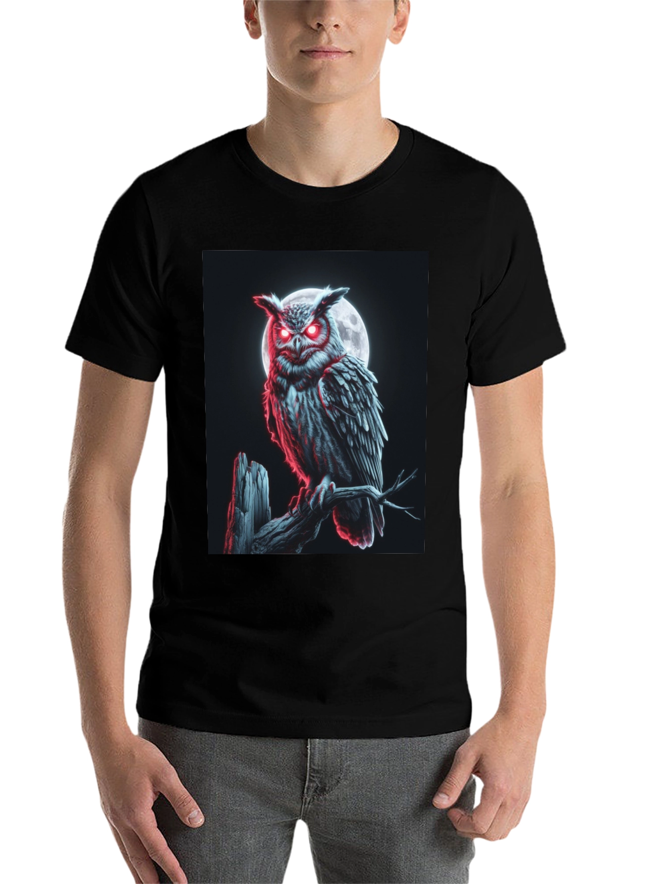 Black Men's Owl Graphic T-Shirt - Moonlit Perch Design view 7