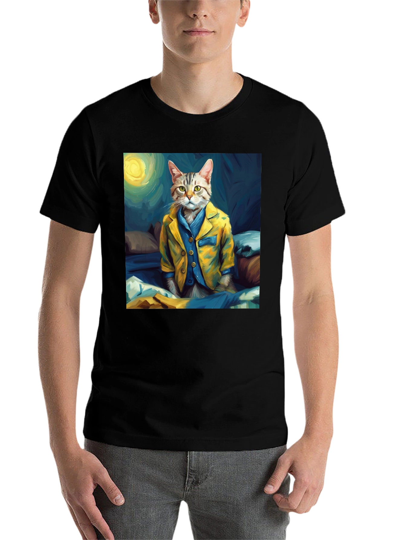 Black Cat in Pajamas T-Shirt - Artistic Animal Tee view 7