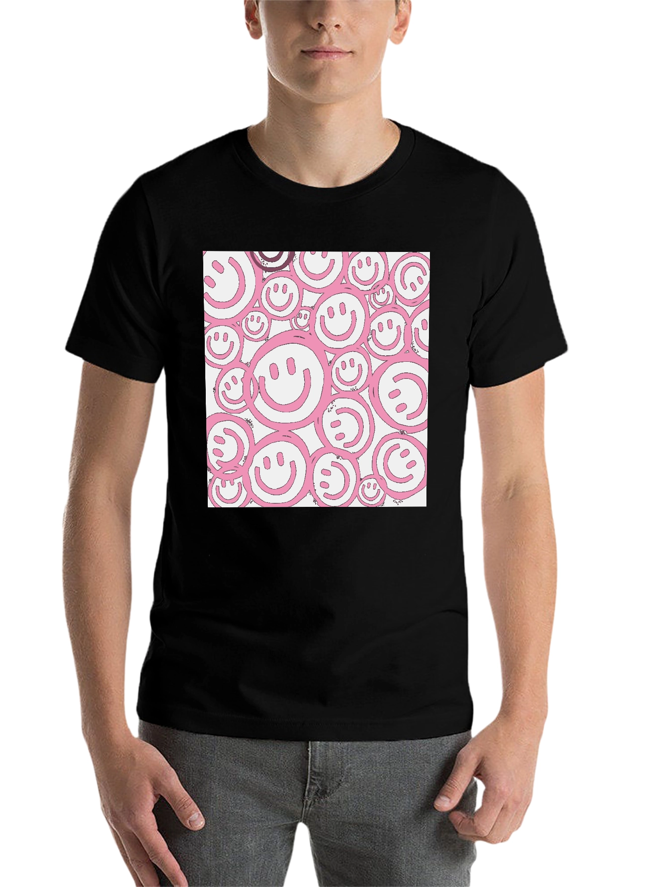Black Pink Smiley Face Graphic Black T-Shirt view 7