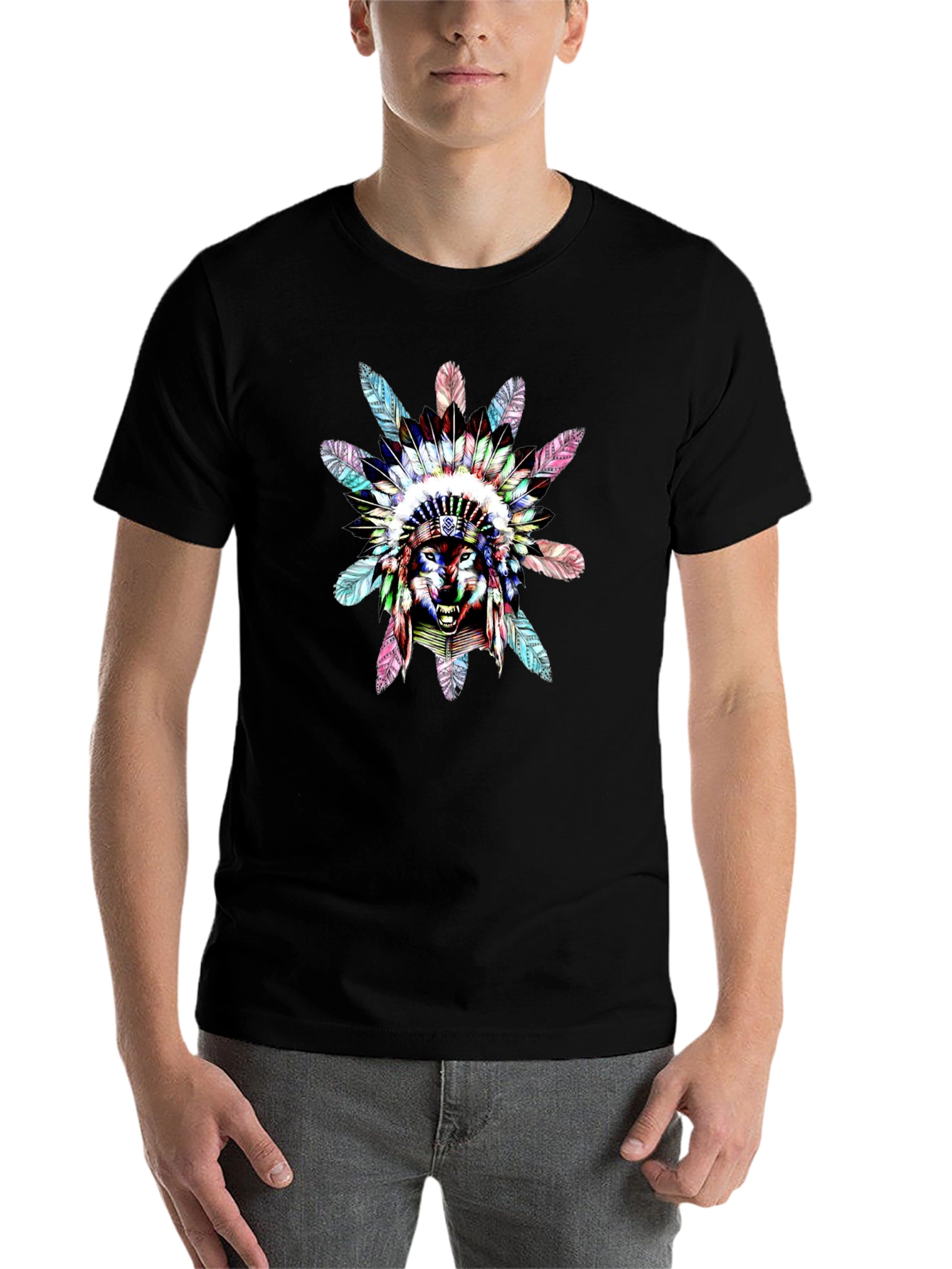 Black Wolf Headdress Graphic Black T-Shirt view 7