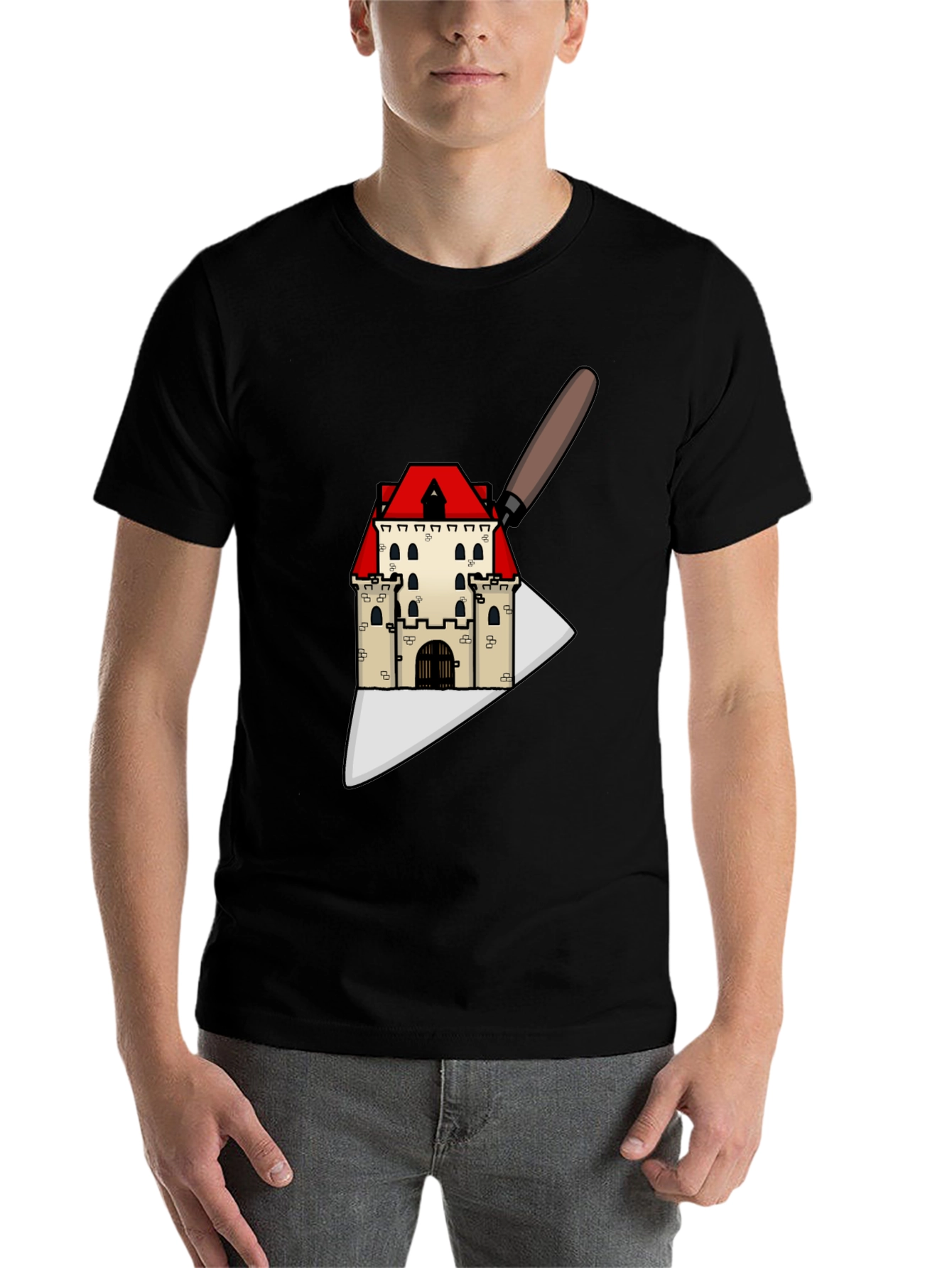 Black Architect T-Shirt: Castle on Trowel Design view 7