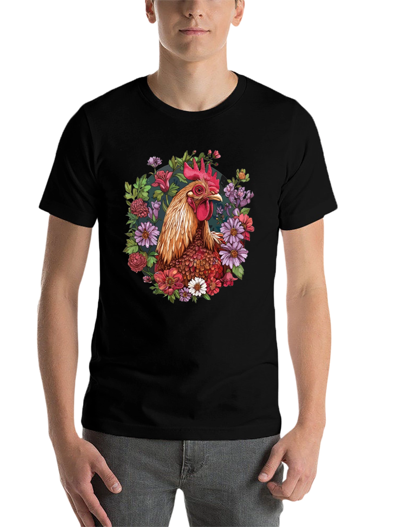 Black Rooster Floral T-Shirt - Unique Graphic Tee view 7