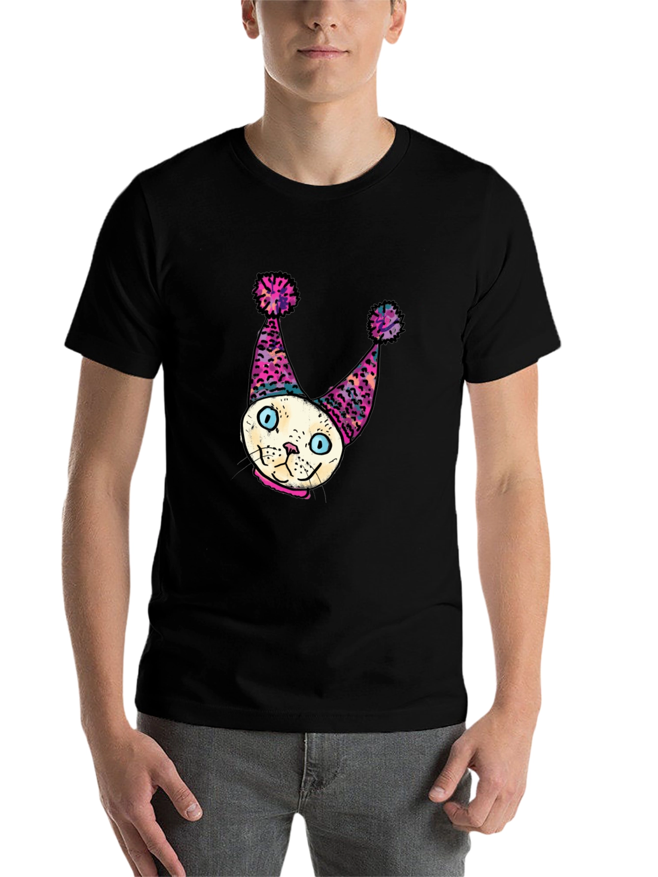 Black Whimsical Cat Clown T-Shirt - Unique Graphic Tee view 7