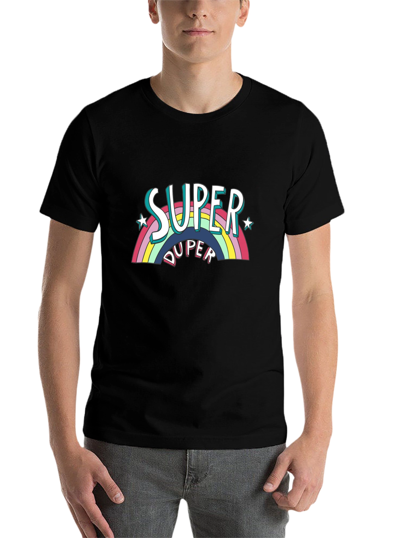 Black Super Duper Rainbow Graphic Tee - Black Cotton Casual T-Shirt view 7