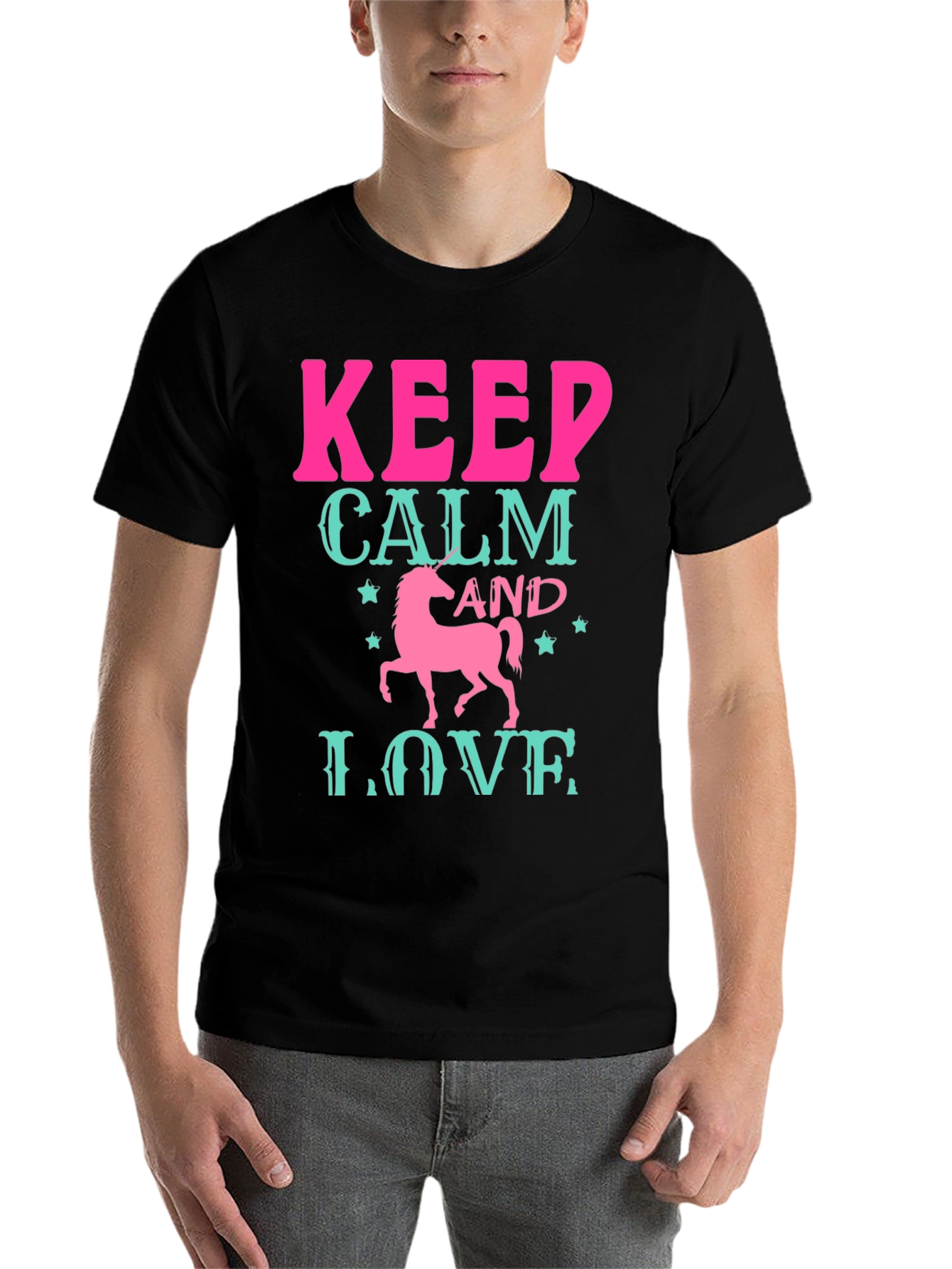 Black Keep Calm and Love Unicorn Black T-Shirt view 7