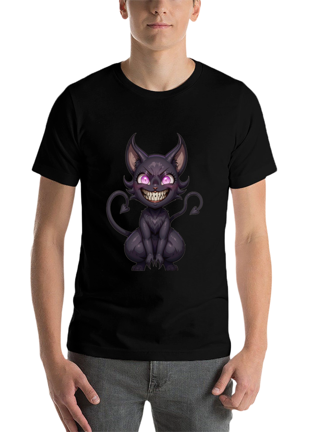 Black Men's Black T-Shirt with Devil Cat Graphic view 7