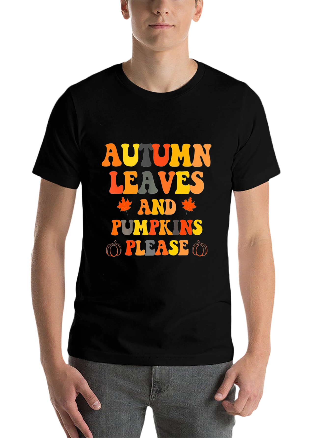 Black Autumn Leaves & Pumpkins Please T-Shirt view 7