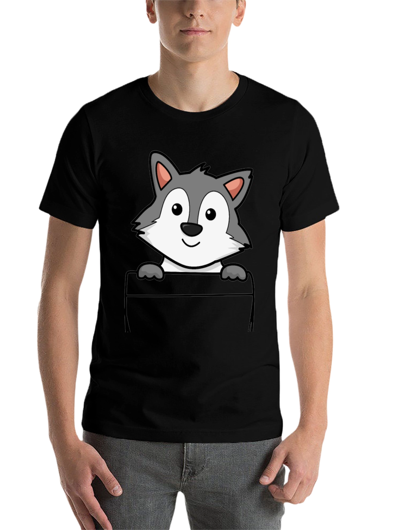 Black Cartoon Wolf Pocket Print T-Shirt view 7