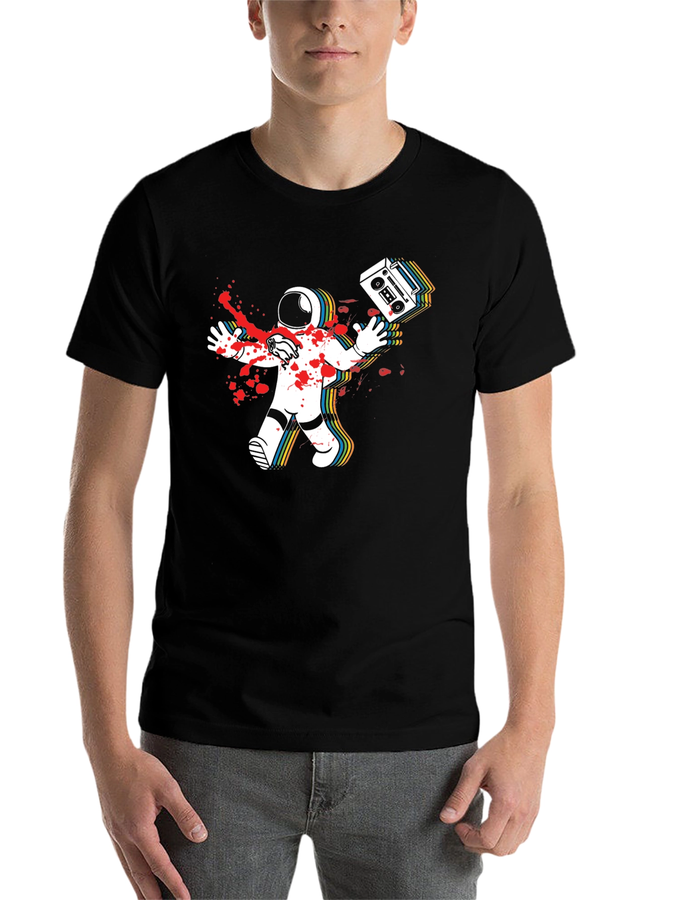 Black Astronaut Boombox Men's Black T-Shirt view 7