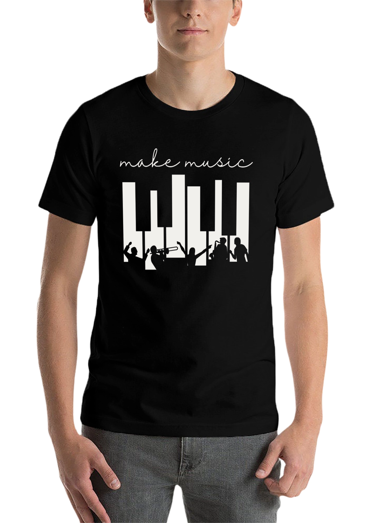 Black Make Music Black T-Shirt - Band Silhouette & Piano Keys Design view 7