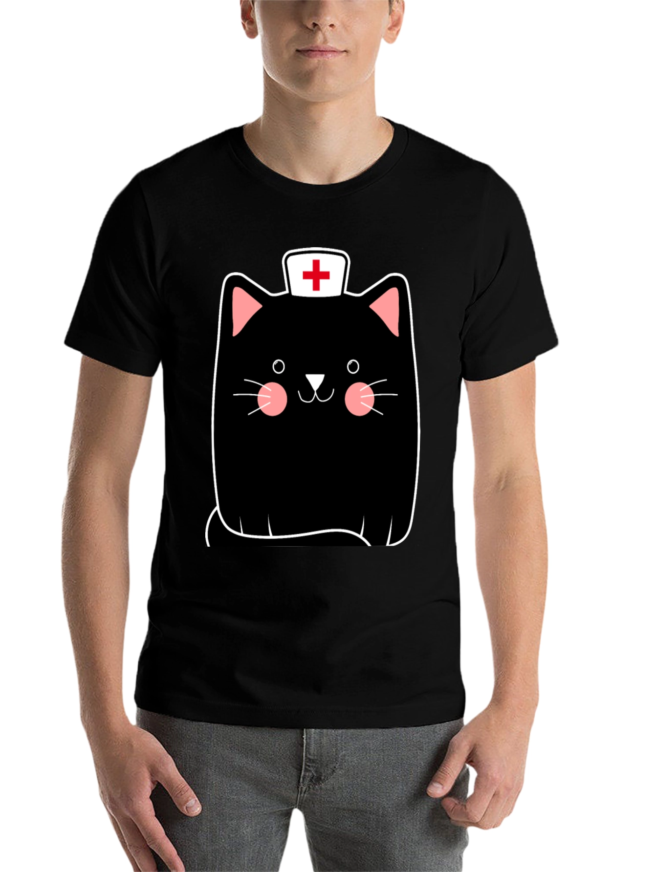 Black Nurse Cat Graphic Tee - Black Cotton T-Shirt view 7