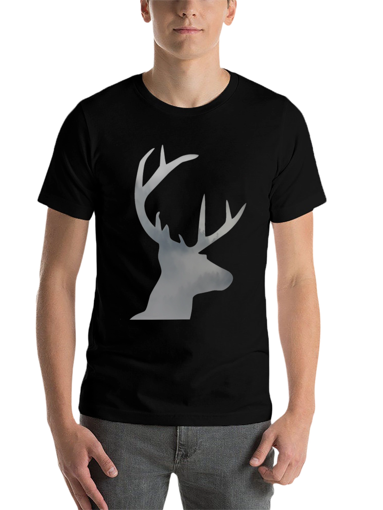 Black Men's Black T-Shirt with Stag Silhouette Graphic view 7