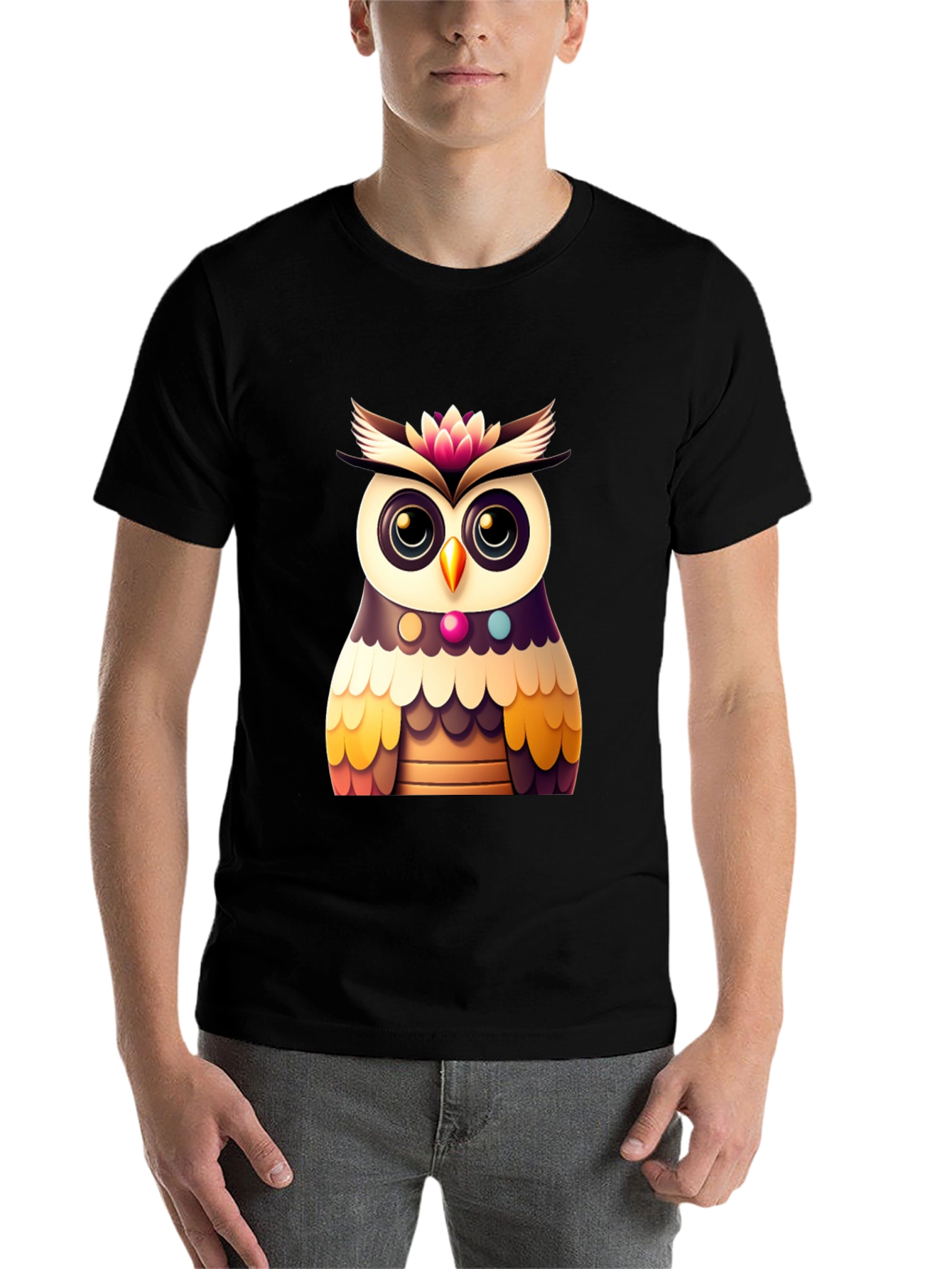 Black Cute Owl Graphic Tee - Black Casual T-Shirt view 7